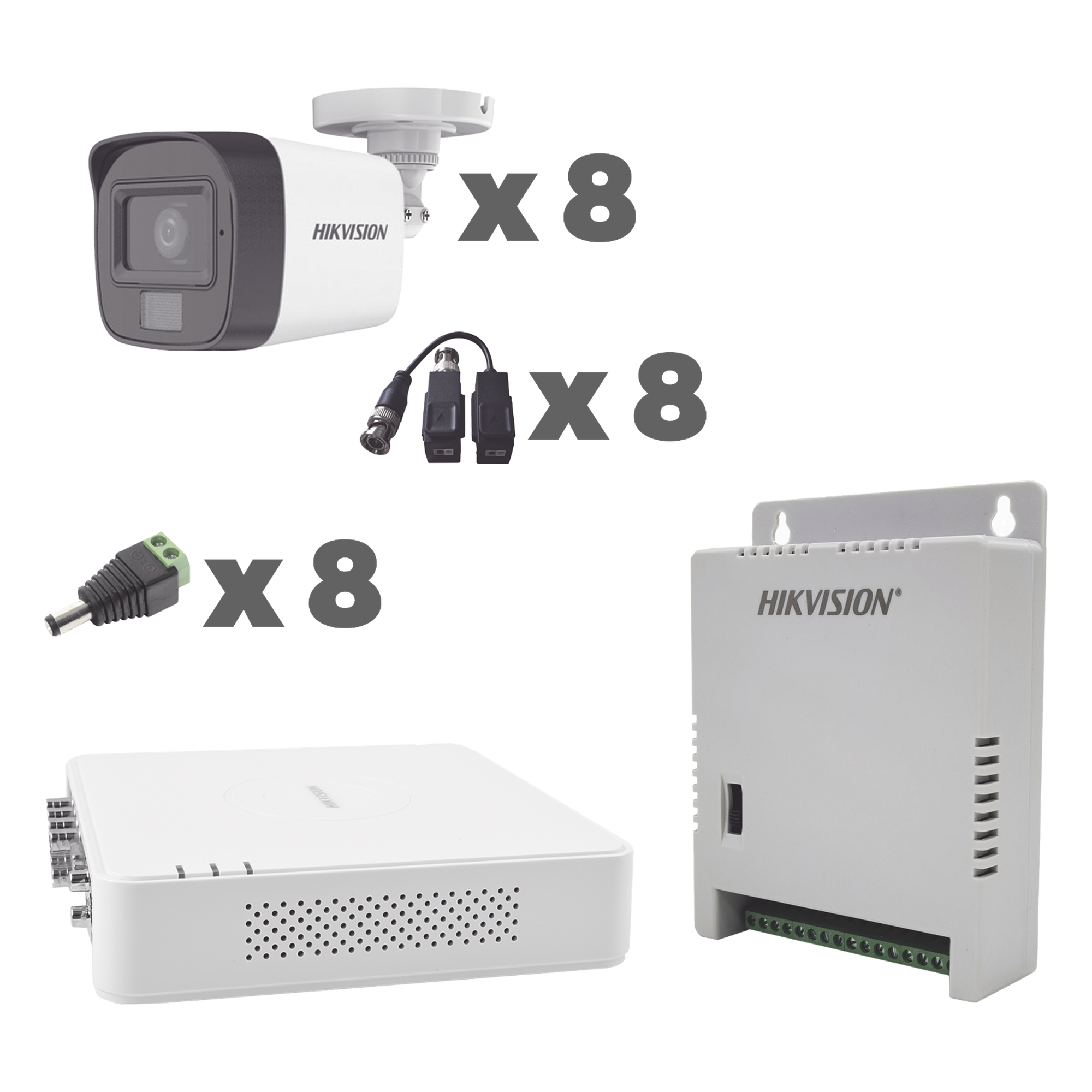 KIT TurboHD 1080p / DVR 8 Canales con audio por coaxitron / 8 Cámaras con Micrófono Integrado 101° Visión/ luz blanca + IR visión nocturna / Transceptores / Conectores / Fuente de Poder Profesional — HIKVISION · SKU KH1080P8BFH