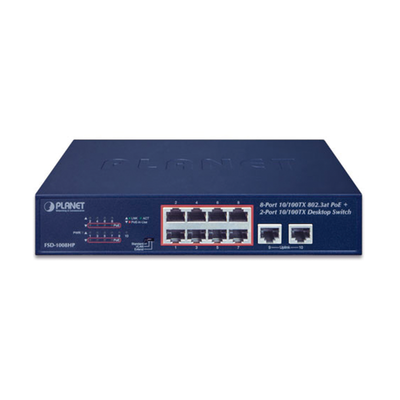 Switch de Escritorio de 8 Puertos 10/100TX 802.3at PoE+ / 2 Puertos 10/100TX / 120W PoE Budget / Modos Standard, VLAN y Extendido / Distancia Extendida Hasta 250m