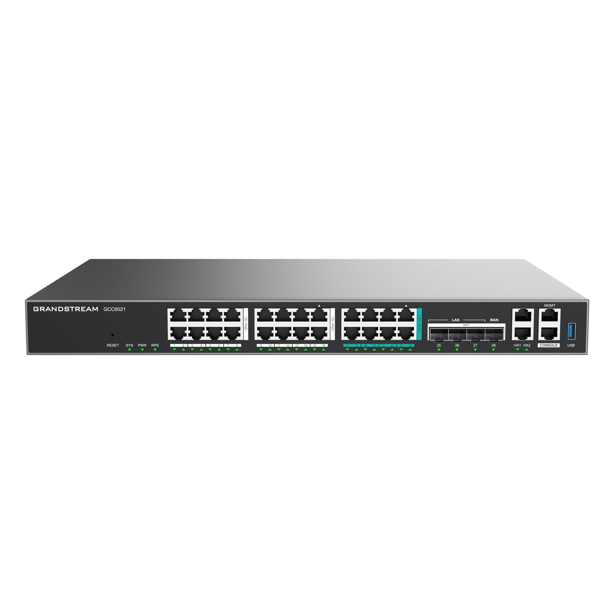 Router Todo-en-Uno GCC6021 con PBX de 50 Extensiones + Firewall + VPN + Switch de 16 Puertos GbE + 4x SFP+ 10 GbE y 8x 2.5 GbE / Gestión en la Nube con GDMS — GRANDSTREAM · SKU GCC6021