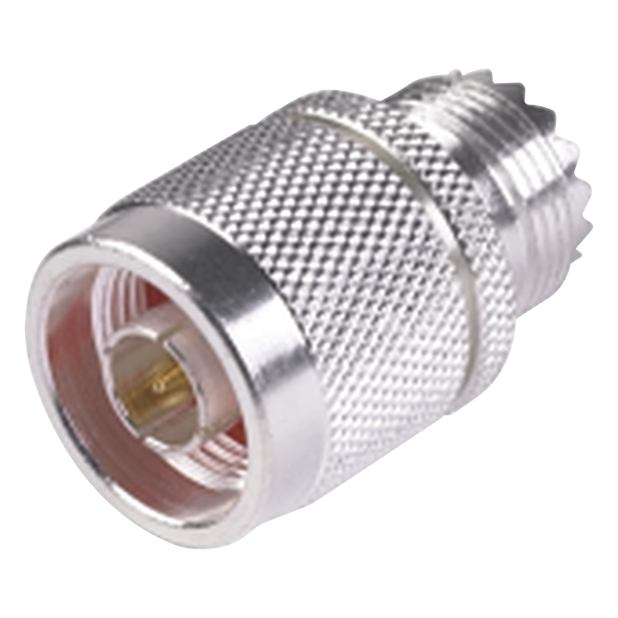Adaptador en Línea, de Conector N Macho a UHF Hembra (SO-239), Plata/ Oro/ Teflón. — RF INDUSTRIES,LTD · SKU RFN-1035-1