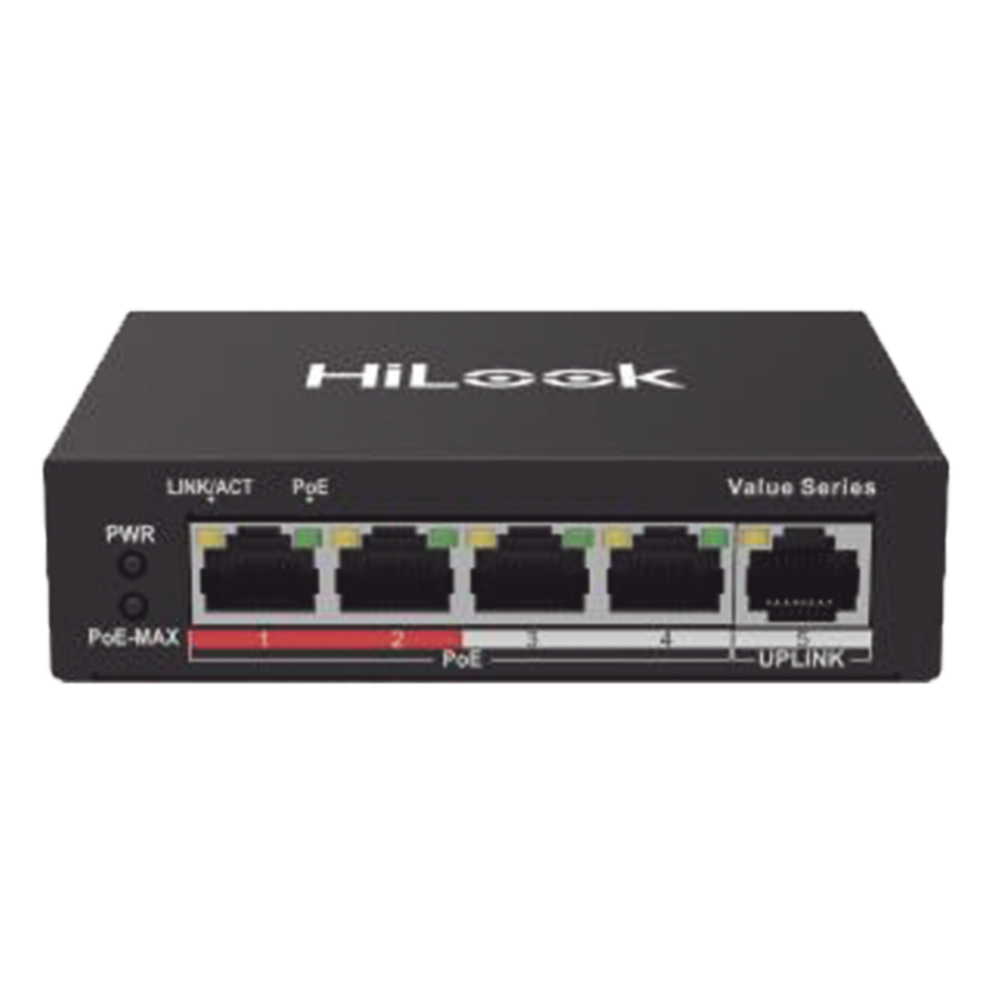 Switch PoE+ / 4 Puertos 10/100 Mbps PoE+ (af / at) / 1 Puerto 10/100 Mbps Uplink / Modo Extendido hasta 250 Metros / 35 Watts — HiLook by HIKVISION · SKU NS-0105P-35(B)