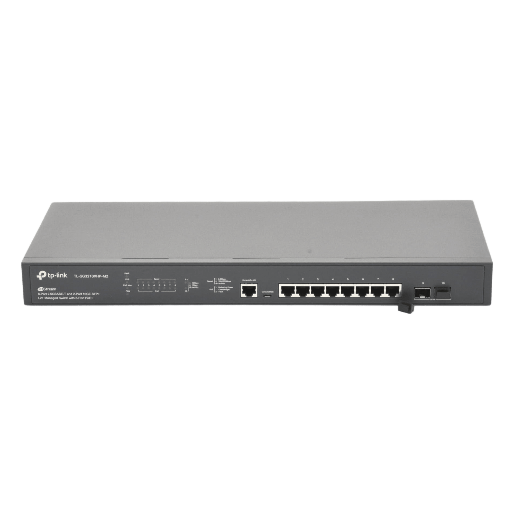 Switch Administrable L2+ / 8 Puertos PoE+ MultiGigabit 2.5G / 2 Puertos SFP+ 10G / Presupuesto PoE 240W / Rendimiento 80 Gbps / Montaje en Rack — TP-LINK · SKU TL-SG3210XHPM2