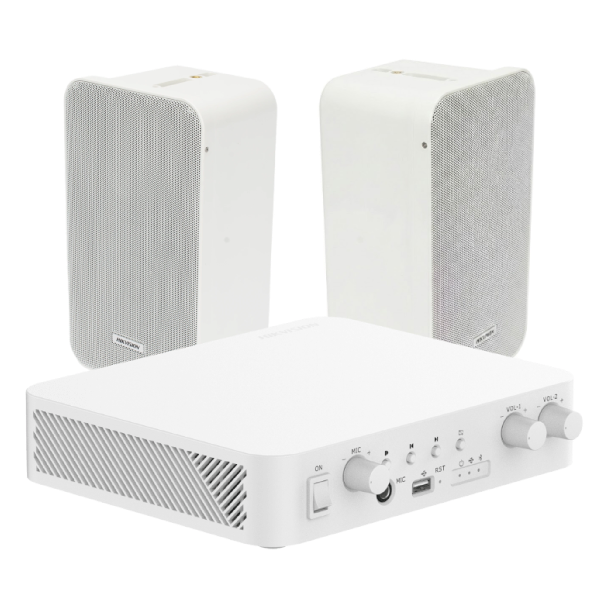 Kit de amplificador con bluetooth | 2 altavoces para pared | Sistema 100V | 2 Canales con Control de volumen Independiente | Música Ambiental — HIKVISION · SKU DS-QAE-KIT-0420G