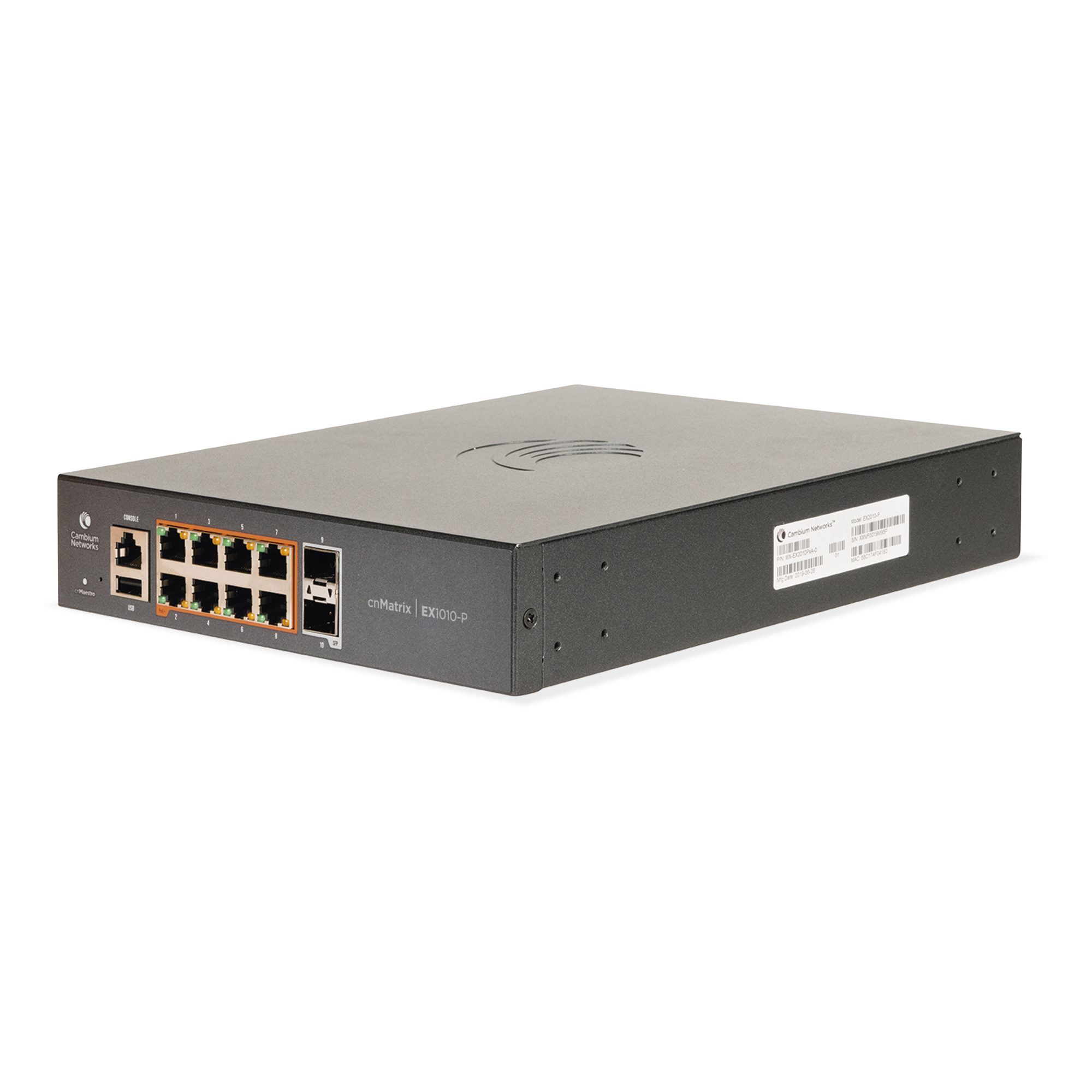 Switch PoE cnMatrix Ex1010-P / 8 Puertos Gigabit PoE 802.3af/at + 2 SFP / Capa 2 / Gestión en la Nube Gratuito — CAMBIUM NETWORKS · SKU MX-EX1010PXA-0