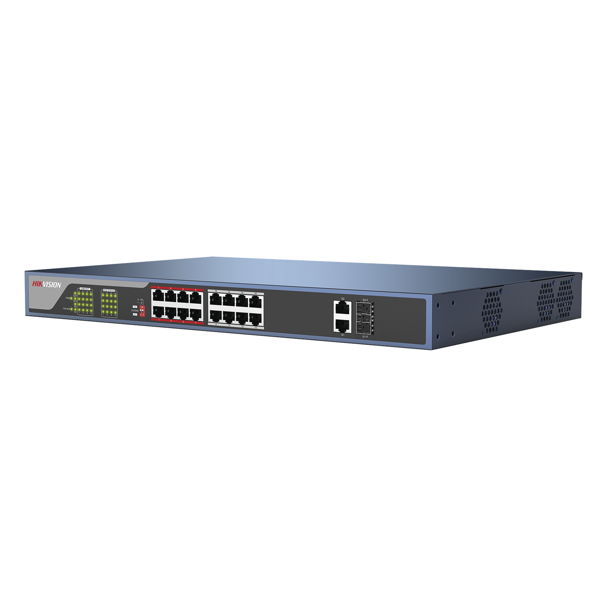 Switch PoE 250 Metros Larga Distancia / 16 Puertos 802.3at (30 W) 100 Mbps + 2 Puertos Gigabit + 2 Puertos SFP — HIKVISION · SKU DS-3E03-18PE