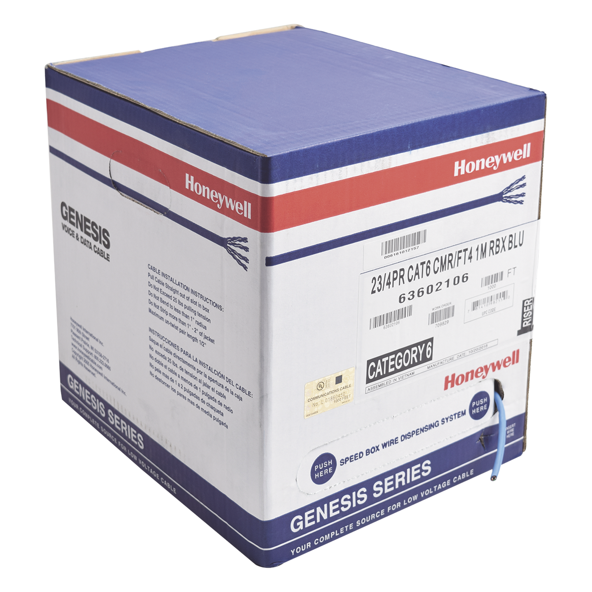 Bobina de Cable de 305 Metros (1000 Pies) / UTP Cat6 / Color Azul / UL, CMR, SPNLS / Probado a 350 Mhz / Para Aplicaciones de CCTV, Redes de Datos, IP Megapixel, Control RS485 — GENESIS · SKU 6360-2106/1000