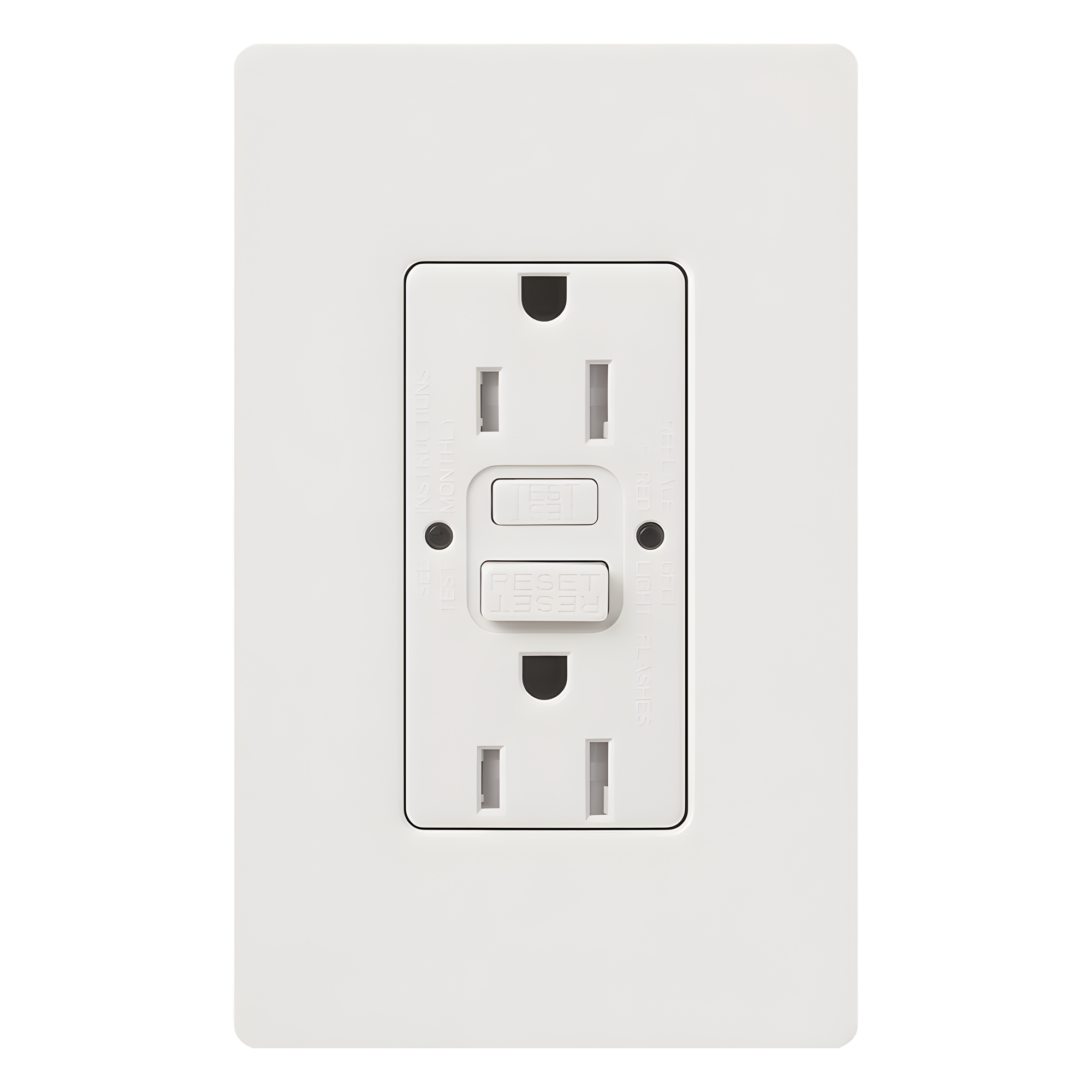 Tomacorriente dúplex GFCI autocomprobable de 15 A y 125 V, resistente a manipulaciones, con indicadores LED de estado y cara estilo decorador, color blanco — LUTRON ELECTRONICS · SKU CAR15GFSTWHS