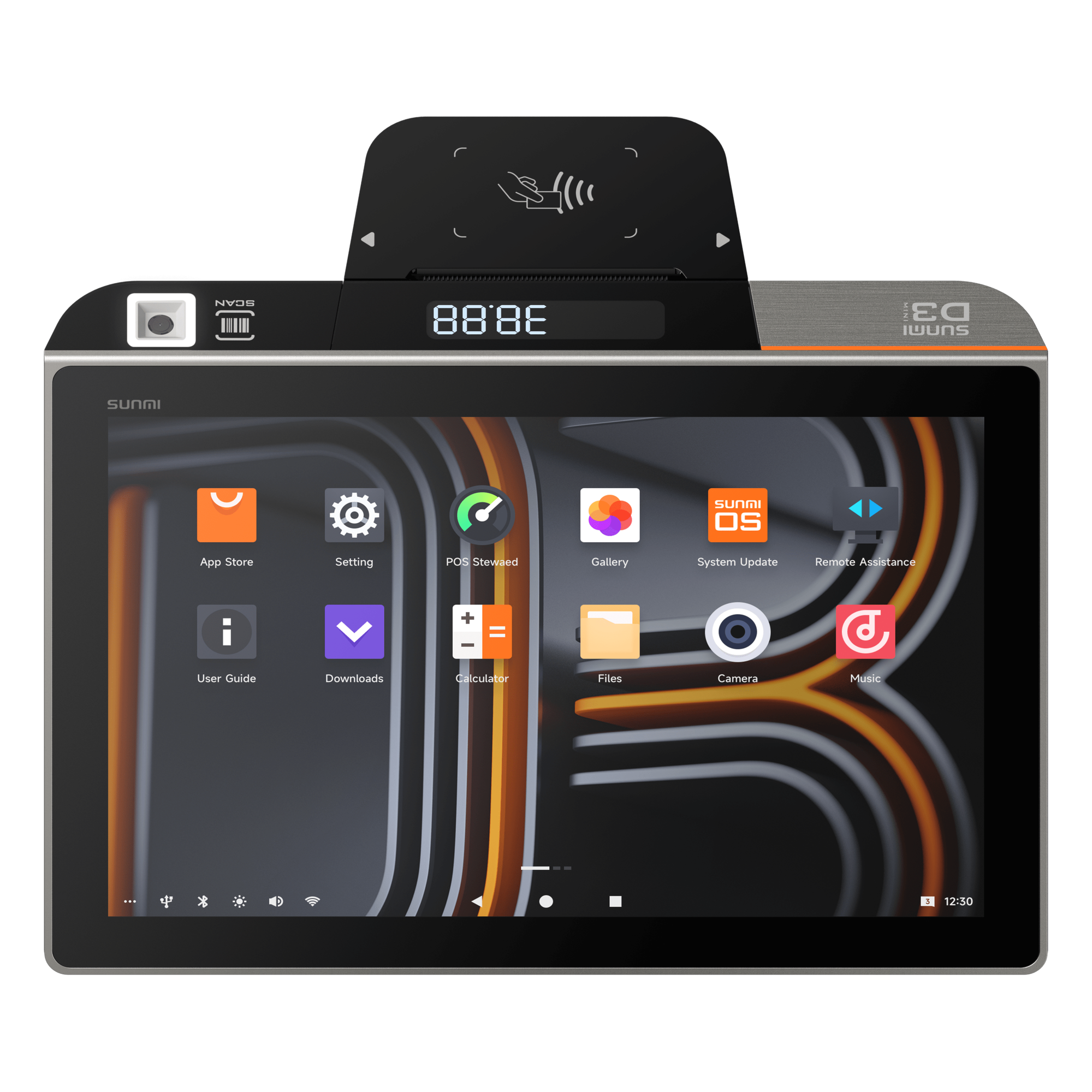 Terminal POS de Escritorio / 10.1" IPS / Qualcomm Hexa-Core 2.4 GHz / 3 GB RAM + 32 GB ROM / Impresora Térmica 58 mm / Android 13 / IP54 / 4G / Wi-Fi Dual Band / Bluetooth 5.0 — SUNMI · SKU D3MINI