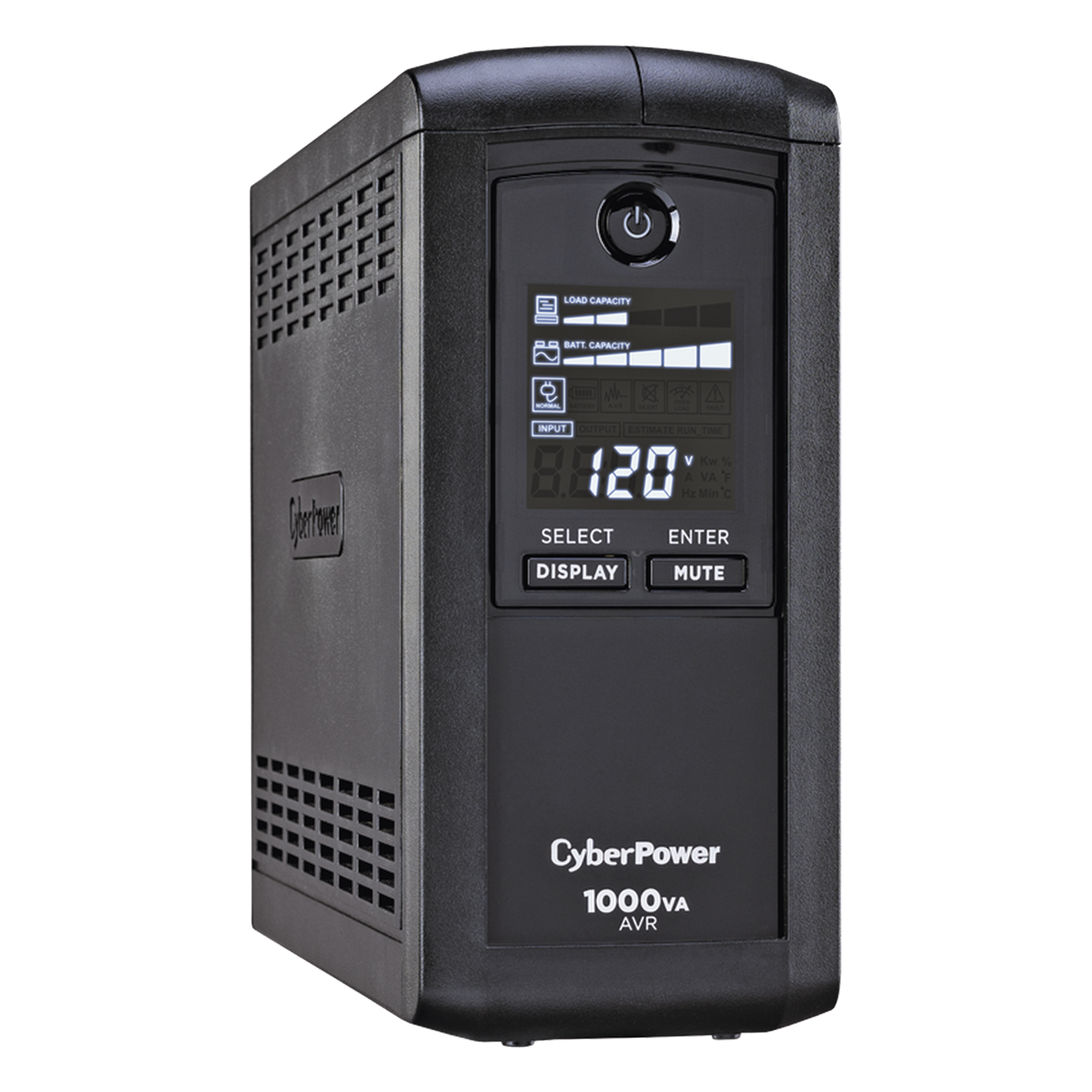 UPS de 1000 VA/600 W, Topología Línea Interactiva, Entrada 120 Vca NEMA 5-15P, Tipo Mini Torre, Con 9 Tomas NEMA 5-15R — CYBERPOWER · SKU CP1000AVRLCDA