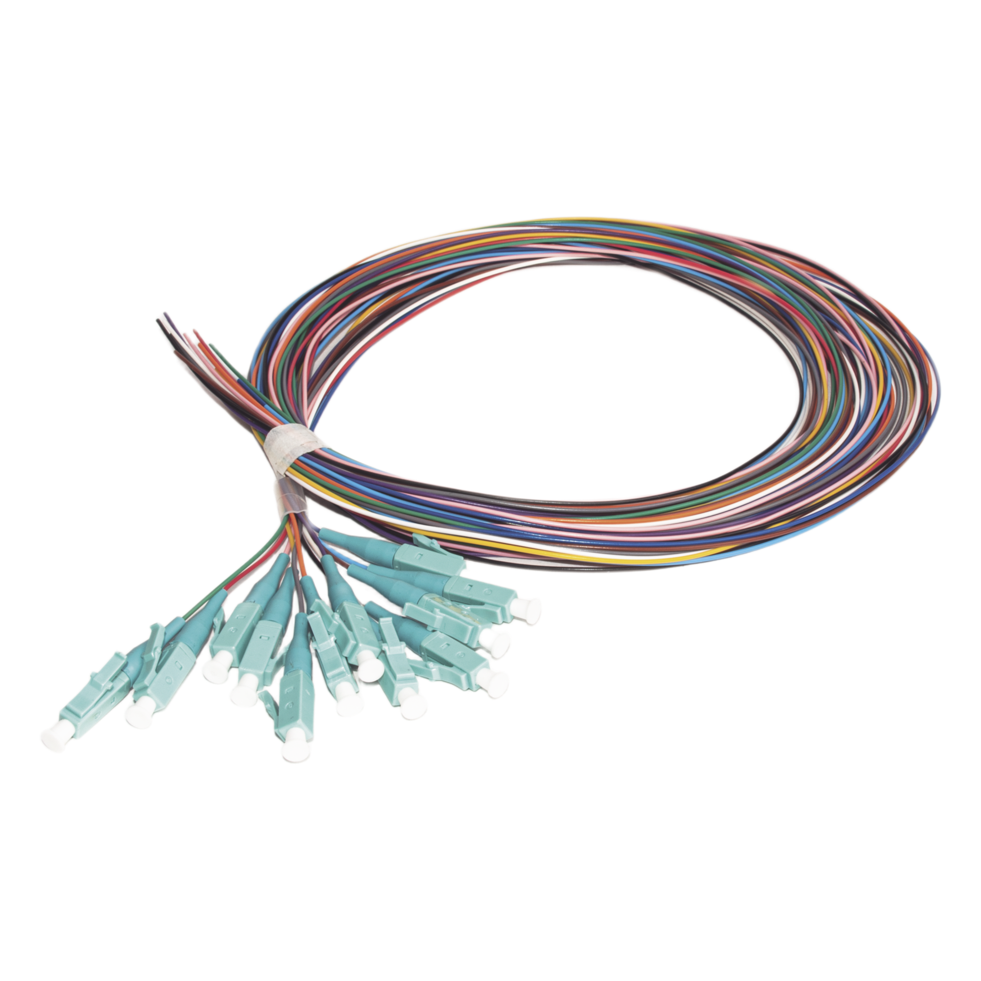 Kit de 12 Pigtails LC Multimodo OM3 50/125, Conectores Aqua, 2 Metros (6.56 Pies) — LINKEDPRO BY EPCOM · SKU LP-FO-MM-PIG-12-LC
