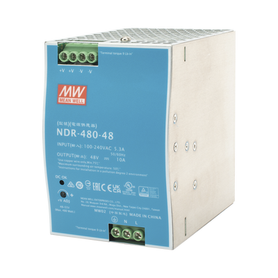 Fuente de Poder Industrial / 480W / 48 Vcc / 10A / Riel DIN / 100-240 Vca / 3.35 x 4.93 x 5.04 in — MEANWELL · SKU NDR-480-48