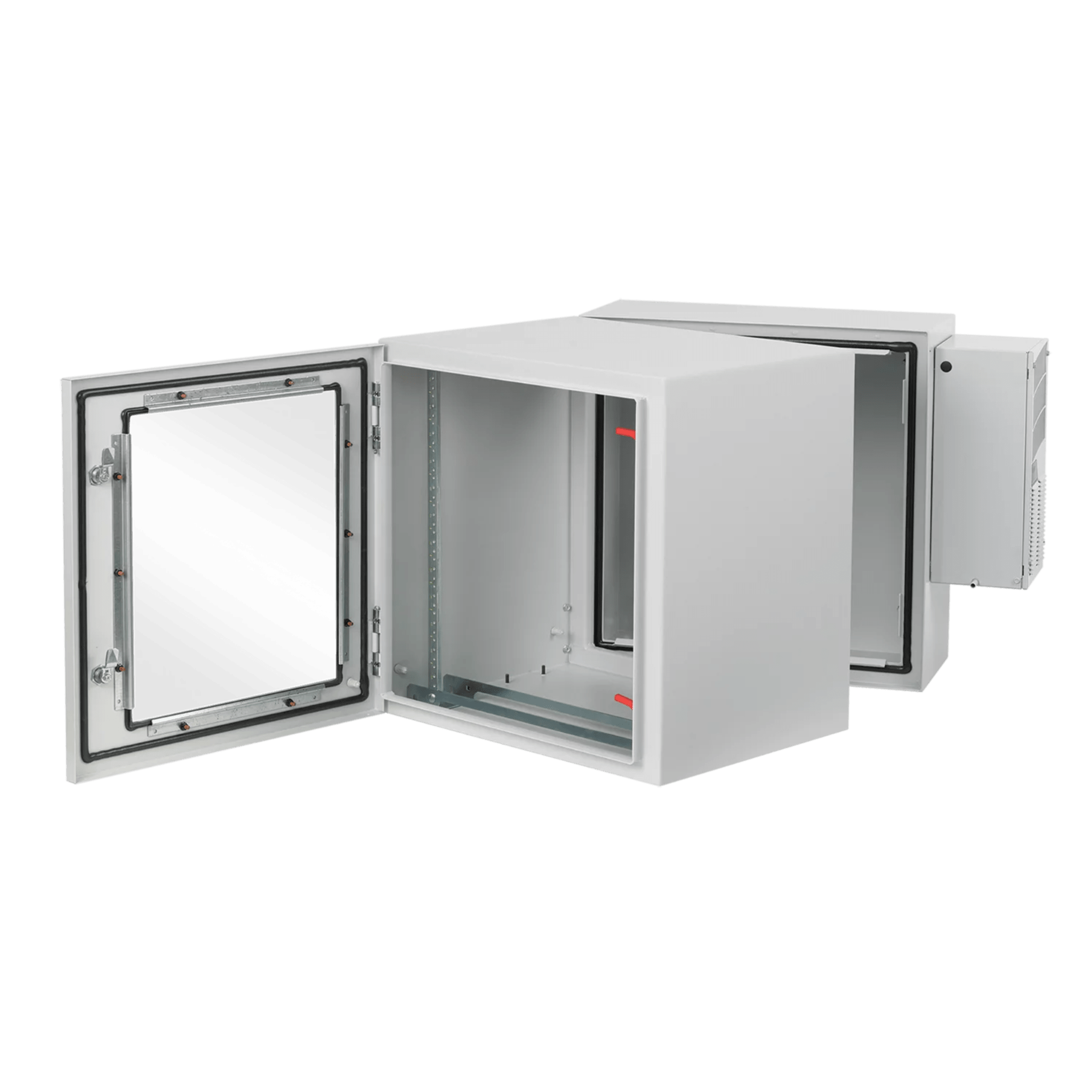Gabinete Industrial ProTek de Puerta con Ventana, Con Aire Acondicionado de 800 BTU, Protección NEMA Tipo 4/12; IP66; IK10, Abatible, Fabricado en Acero, 19 UR, Color Gris Claro — HOFFMAN · SKU PTHW362428G2A
