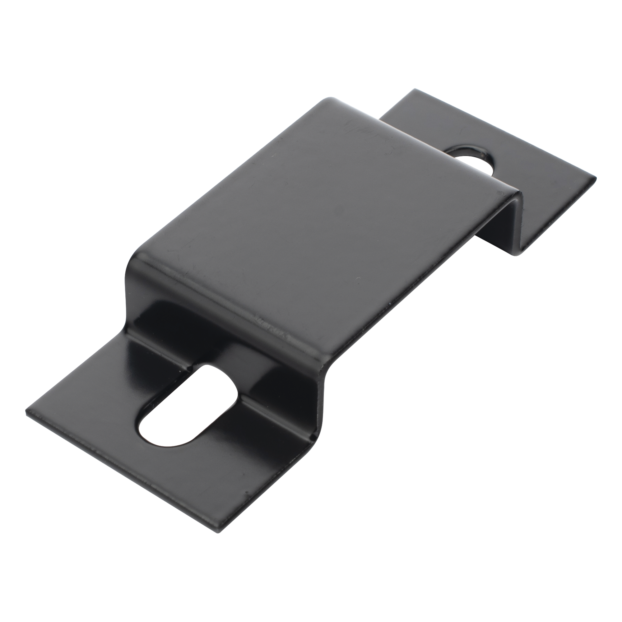 Abrazadera Tipo Omega para Fijación de Perfil Lateral Tubular de 1.5" de Peralte y 12" de Ancho, Acabado con Pintura Epóxica Color Negro, Ideal para la Sujeción y Refuerzo de la Escalera Tubular — CHAROFIL · SKU CH-OFTB-EP