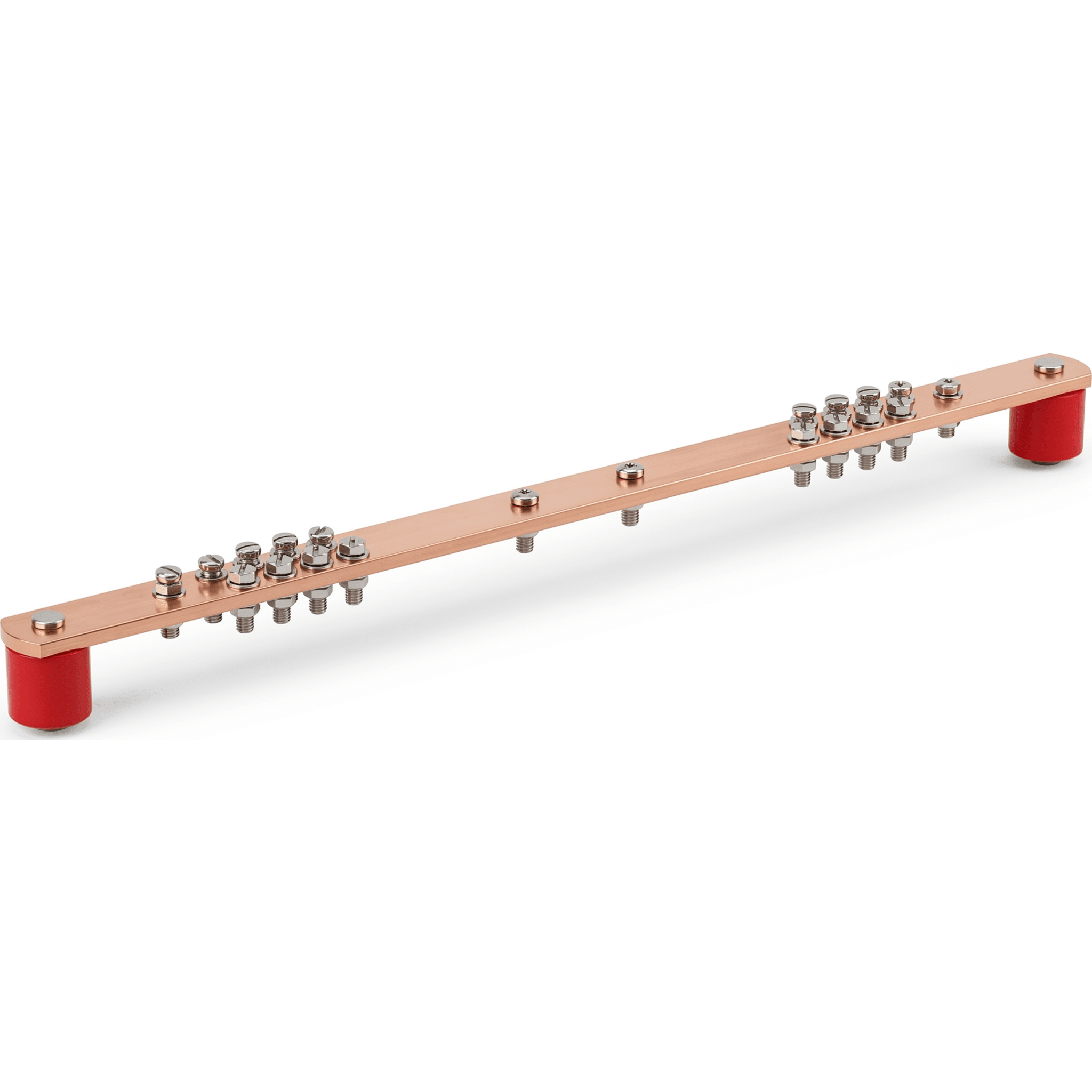 Barra Distribución Tierra Rack 19 in / Cobre 100% / 550A / Aisladores Rojos / 0.64 cm (0.25 in) / J-STD-607-A