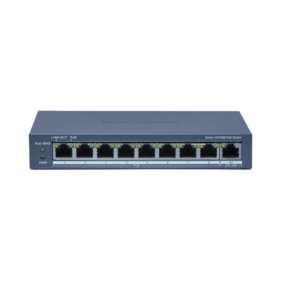 Switch PoE+ / Monitoreable / 8 Puertos 10/100 Mbps PoE+ / 1 Puerto 1000 Mbps de Uplink / Configuración Nube Hik-PartnerPro / Modo Extendido hasta 300 Metros / 110 W — HIKVISION · SKU DS-3E1309P-EI