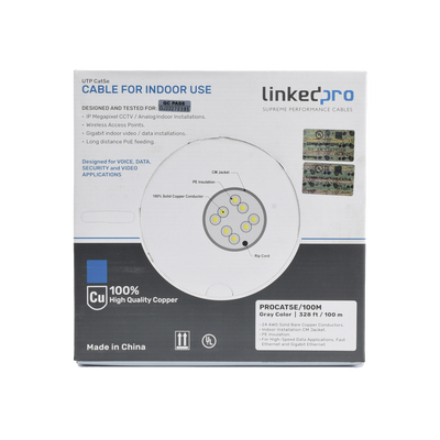 Cable Cat5e de Alto Rendimiento, con Certificaciones ETL, UL, Color Gris, de 100 Metros (328 Pies) para Aplicaciones en CCTV, Redes de Datos. Uso Interior.
