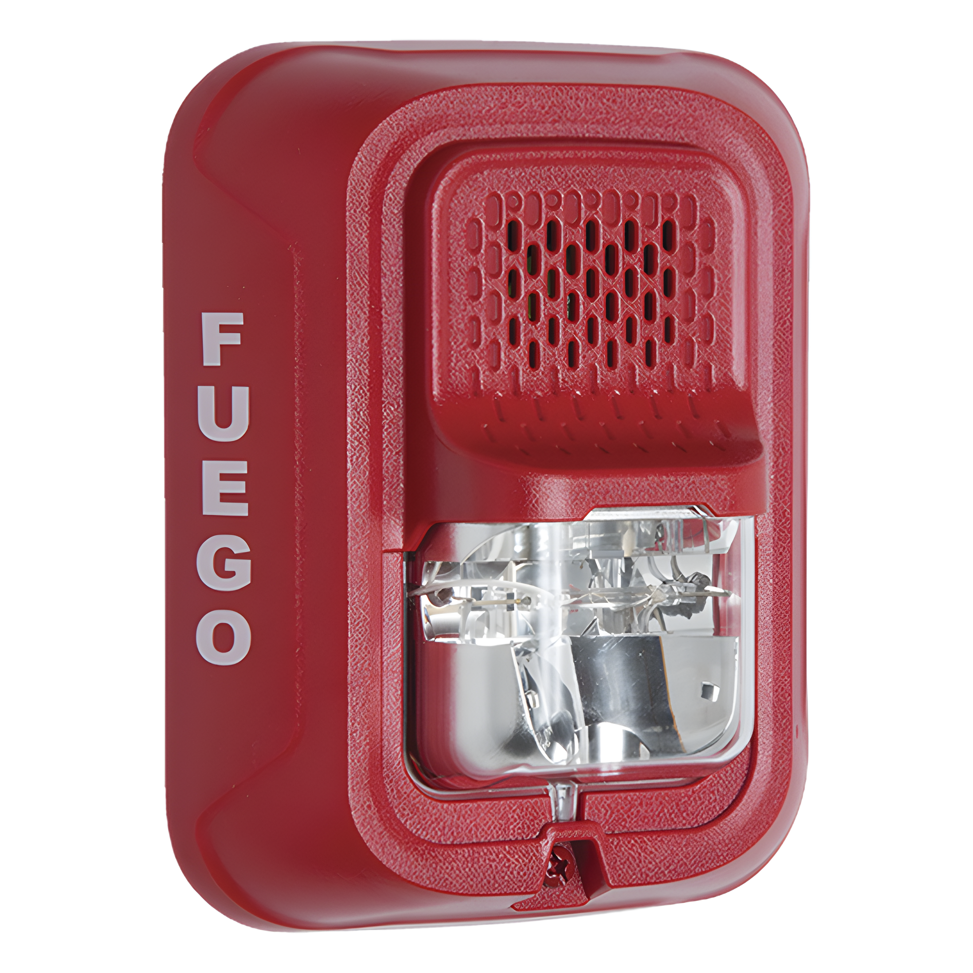 Sirena con lámpara estroboscópica de 2 hilos para pared, color rojo, leyenda FUEGO, candela seleccionable en campo
