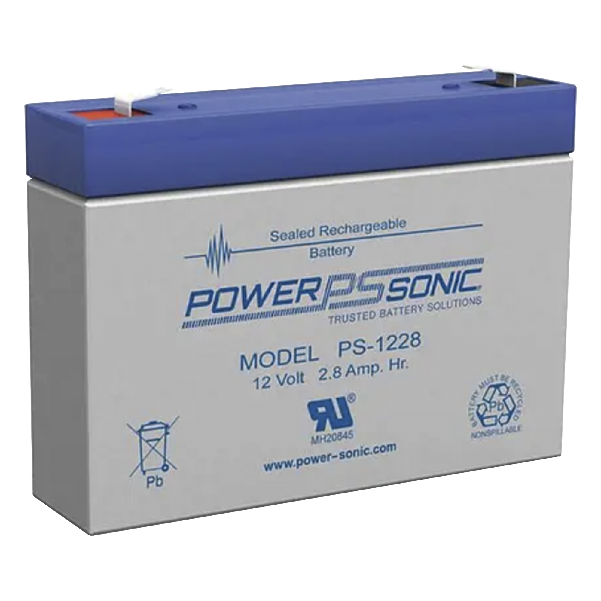 Batería 12V, 2.8AH, Para Respaldo, Tecnologías AGM/VRLA, 5 Años Vida Útil, Terminales F1, Reconocida UL — POWER SONIC · SKU PS-1228-F1