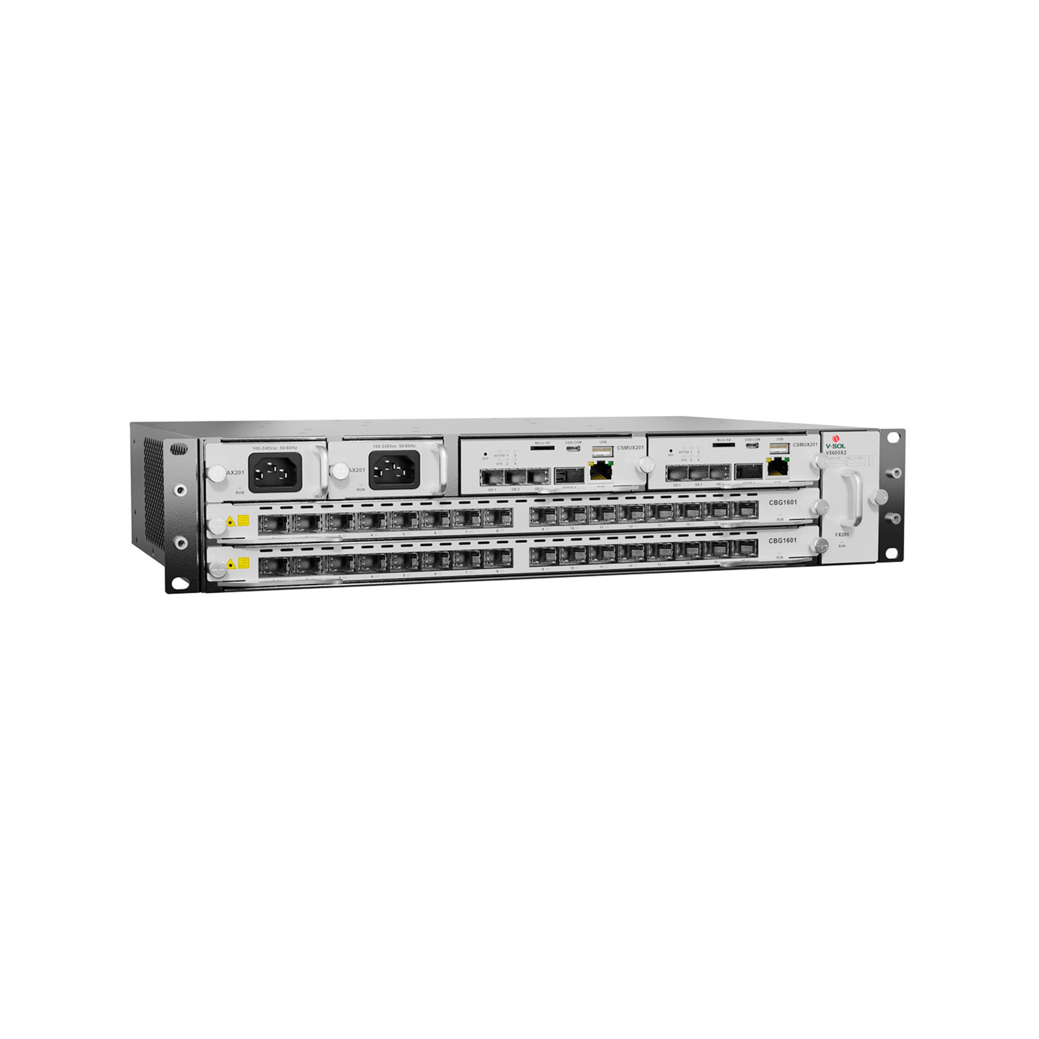 OLT Modular tipo Chasis GPON/XGS-PON Combo,1 Tarjeta de Servicio de 16 Puertos GPON, 2 Ranuras, 2 Fuentes de Alimentación AC, 2 UR