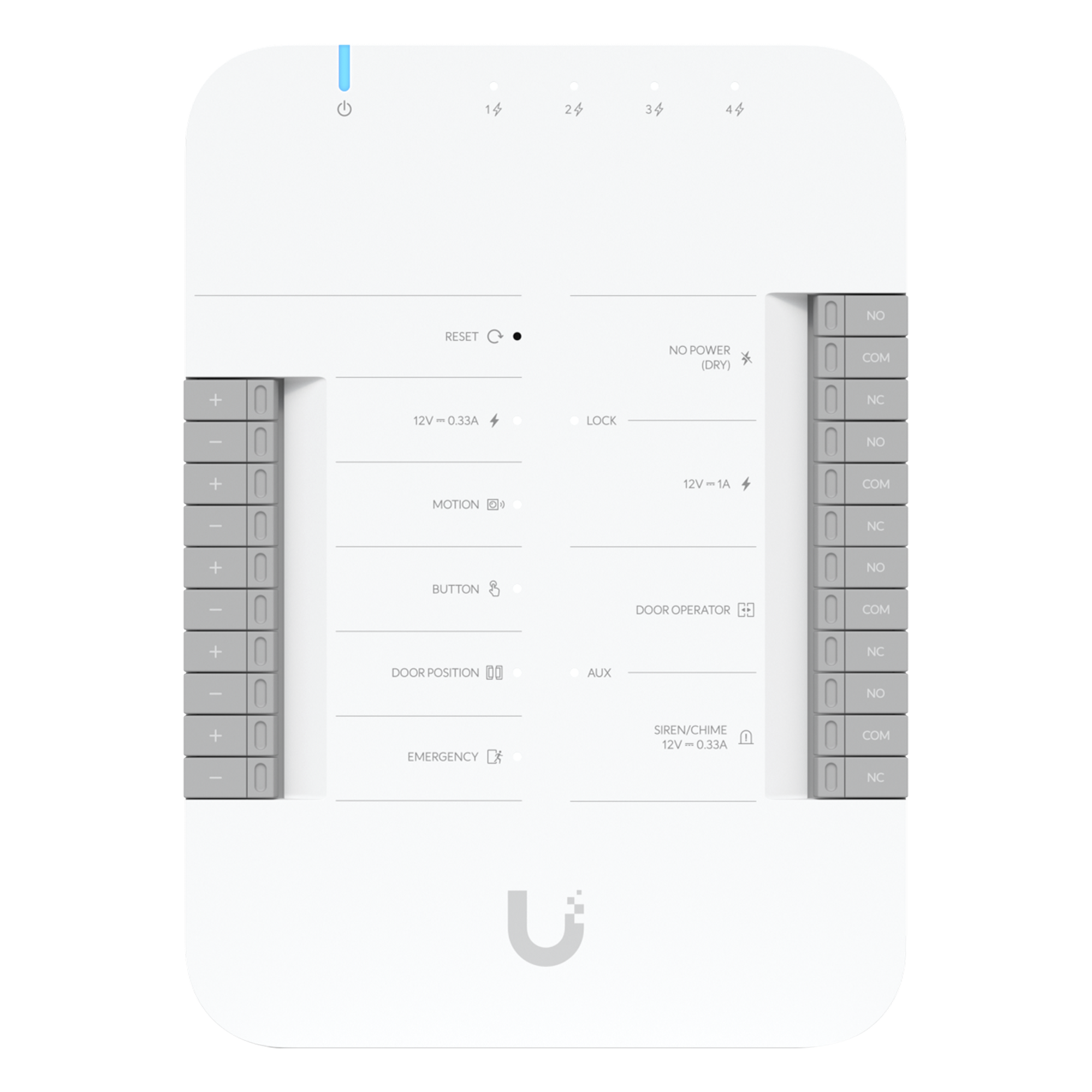 UniFi Access Hub Door, puede conectar 2 lectores y 2 cámaras (no incluidos) para controlar solo una puerta / 2 terminales AUX y 4 entradas adicionales (sensores y botones) POE 802.3bt no incluido — UBIQUITI · SKU UA-HUB-DOOR