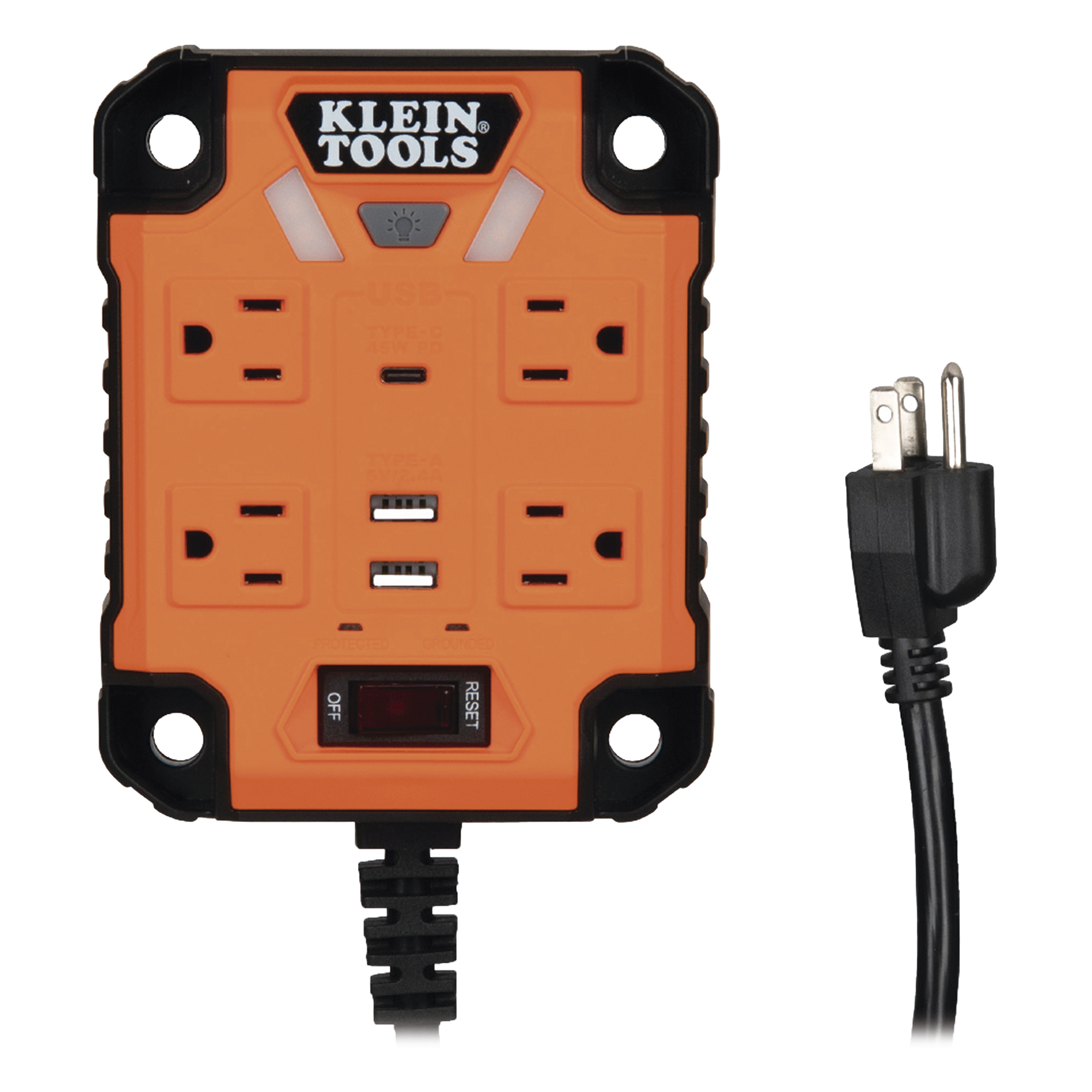 Multicontacto Powerbox 1, con 4 Salidas 120 Vca, 2 USB-A / 1 USB-C, Luces LED Integradas y Soporte Magnético — KLEIN TOOLS · SKU 29601
