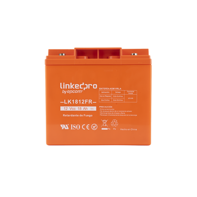 Batería de respaldo 12 V | 18 Ah | AGM | Certificada UL94-V0 Retardante a la Flama | Especial para Seguridad Electrónica | UPS | Sistemas de Emergencia | Vida útil 5 años | Terminales T1 — LINKEDPRO BY EPCOM · SKU LK1812FR