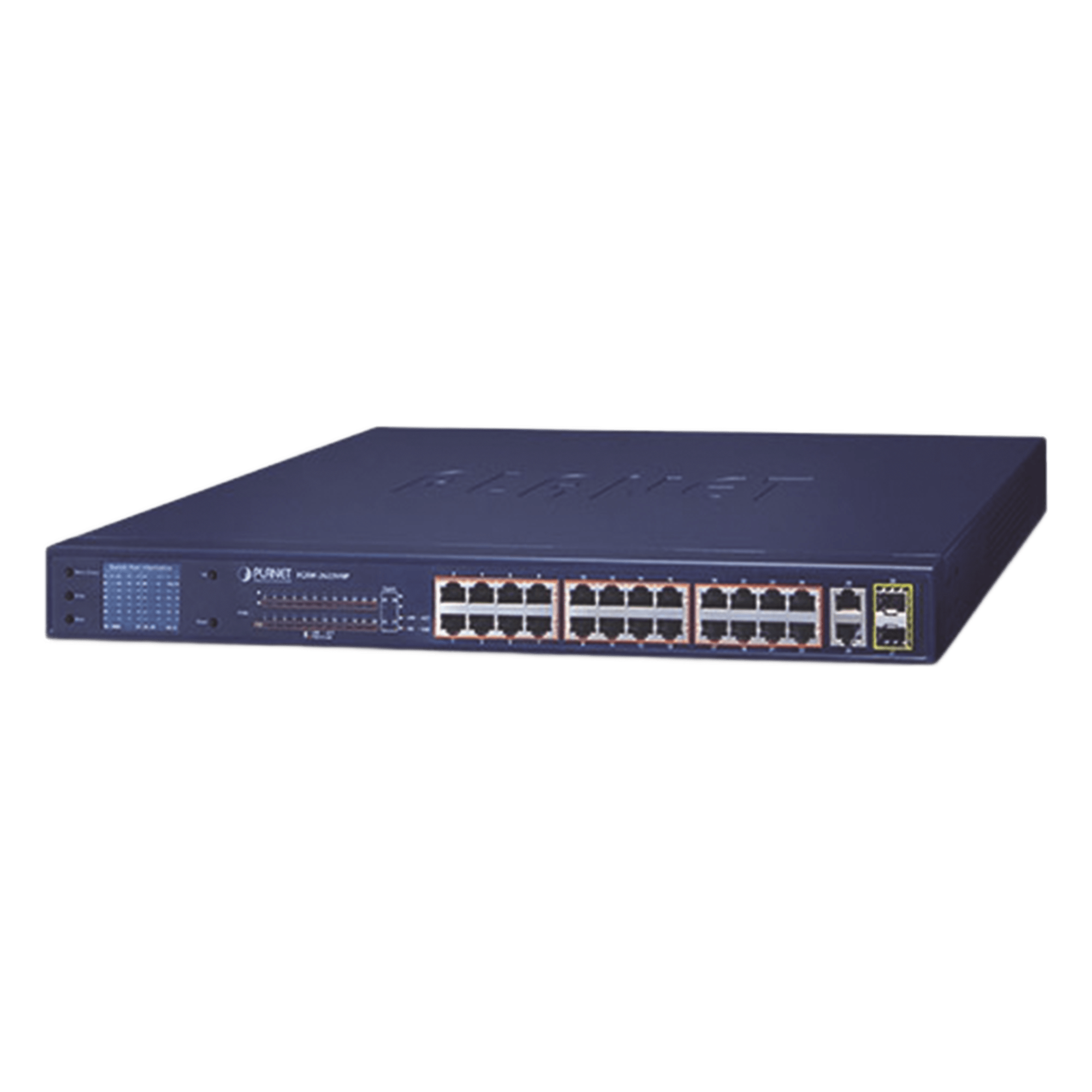 Switch No Administrable 24 Puertos PoE 10/100 802.3af/at, 2 Combo TP/SFP Gigabit y Pantalla LCD para Monitoreo y Configuración Básica de PoE, Hasta 300 Watts — PLANET · SKU FGSW-2622VHP