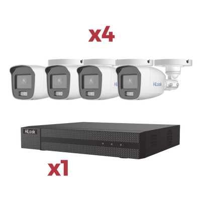 [Kit] DVR 4 Canales TurboHD + 1 Canal IP / 2 Megapixel (1080pLite) / AcuSense Lite / Audio por coaxitron / 1 Bahia de disco duro / 4 Cámaras 2 Megapixel tipo Bala / ColorVu Lite + Microfono Integrado — HiLook by HIKVISION · SKU HL-24B-KIT