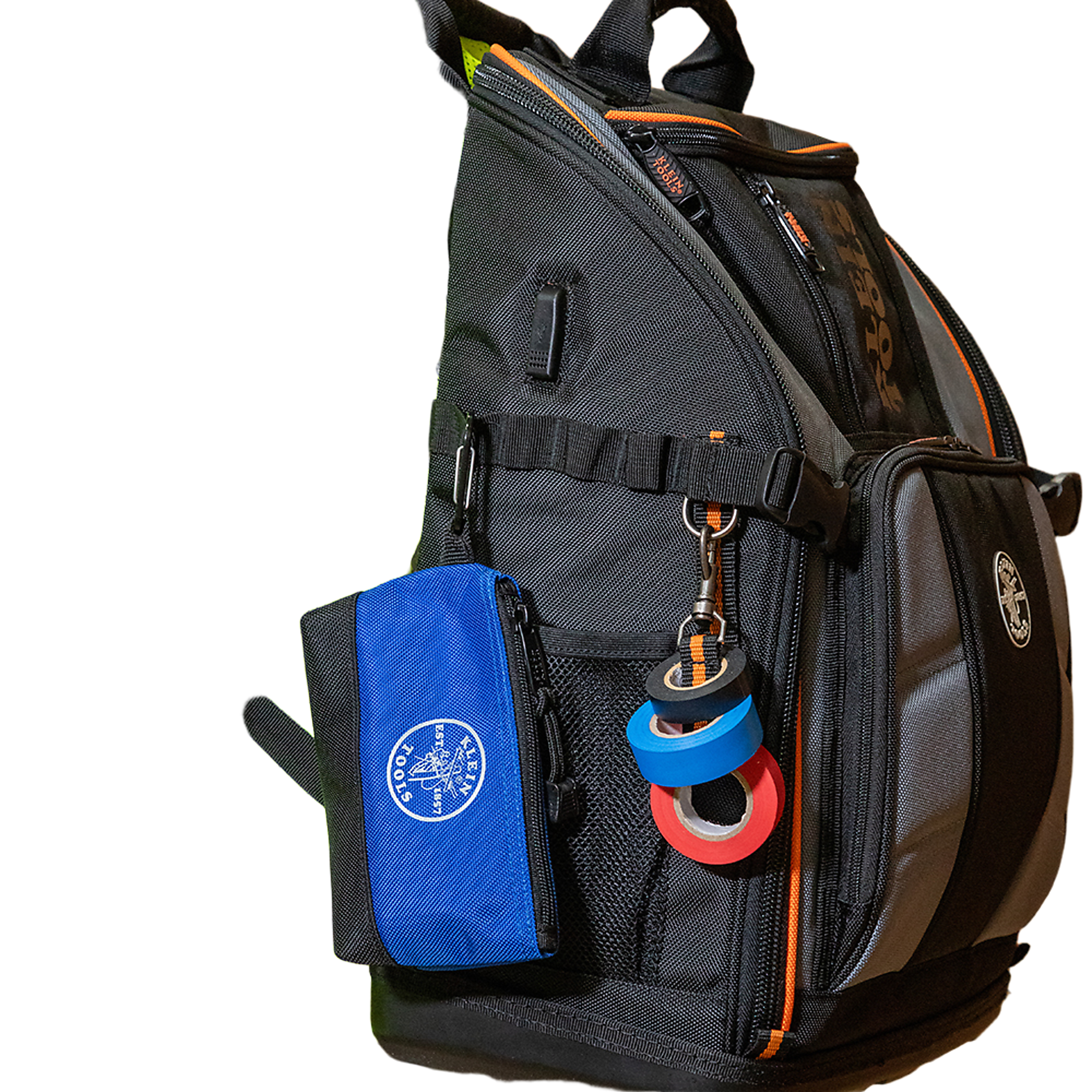 Mochila Profesional para Herramientas / 27 Bolsillos / Acceso Rápido y Estación de Trabajo / Base Moldeada Ancha / Interior Naranja / USB-C / Soporte para Lámpara