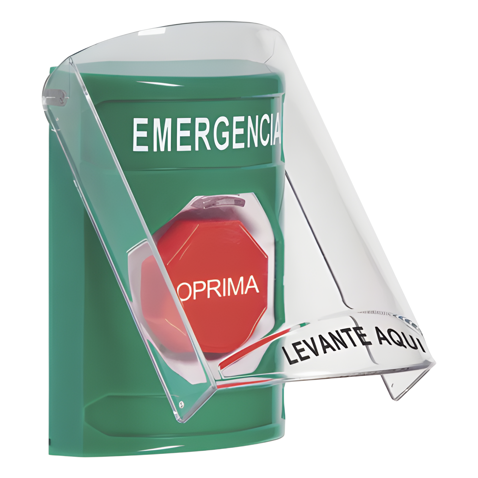 ​​Botón Multipropósito, Color Verde, De Superficie, Con Tapa De Policarbonato, Con Bocina Pre Alarma, Solo Interior, Llave Para Restablecer, Texto De Emergencia, Español — STI · SKU SS21A2EM-ES