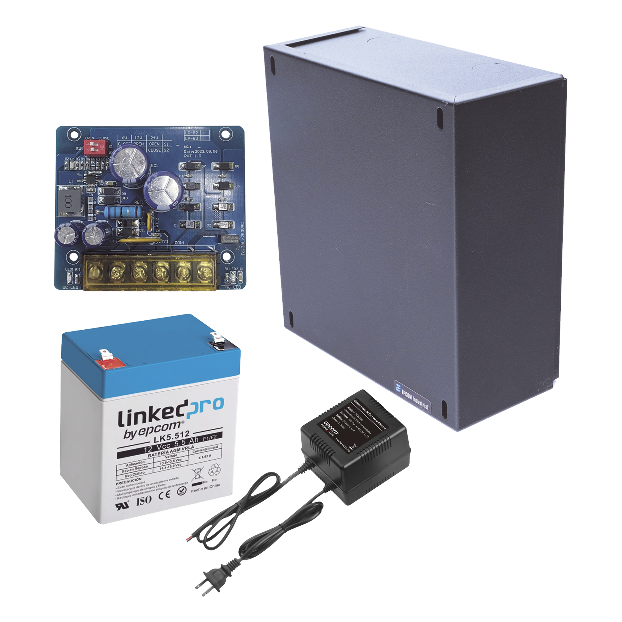 Kit con fuente PLB2 con salida de 12 Vcc a 1.5 Amper, incluye transformador y batería de 12 V a 5.5 Amper — EPCOM POWERLINE · SKU KIT16B2LK5