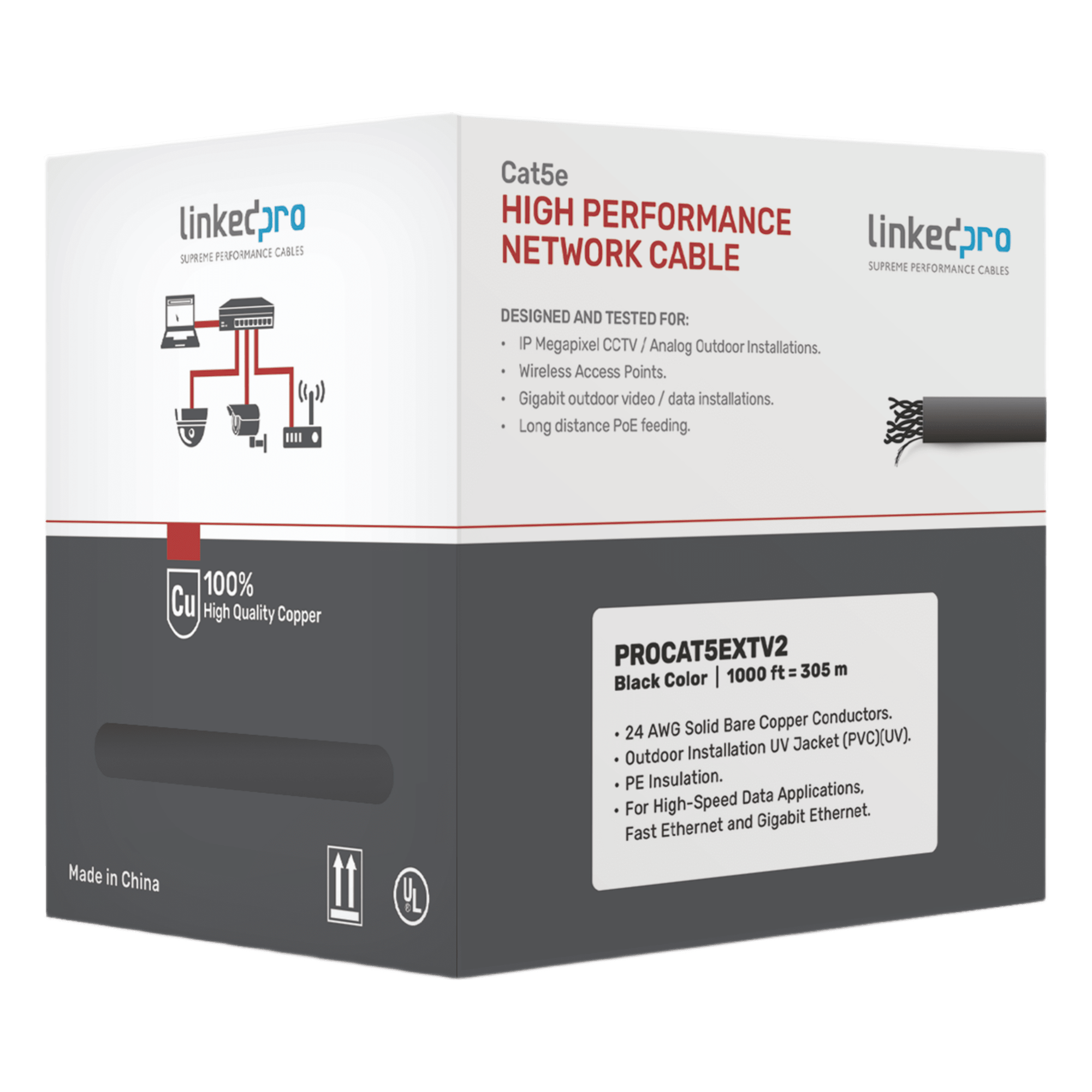 Bobina de cable / Cat5e / FTP blindado / 305 m (1000 ft) / Exterior UV / PoE larga distancia / UL CMX — LINKEDPRO BY EPCOM · SKU PRO-CAT-5-EXT-V2