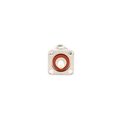 Conector N Hembra de Montaje de Panel con 4 perforaciones a 12.7 mm, soldable.