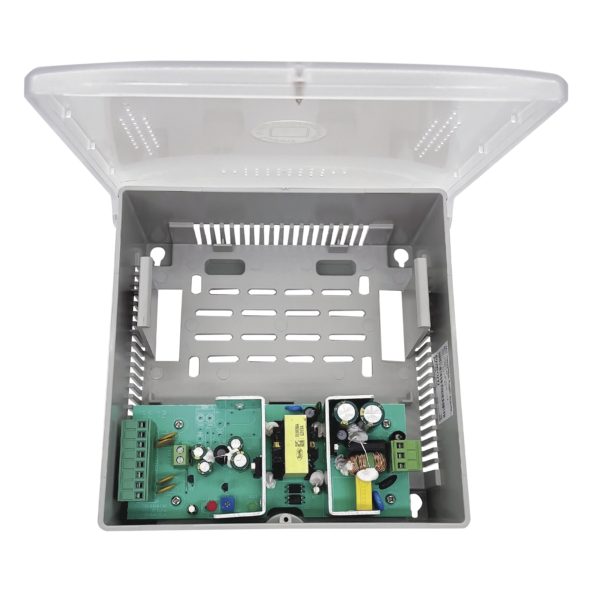 Fuente de Poder con Gabinete de 4 Salidas de 11 - 15 Vcc / 5 Amper / Voltaje de Entrada: 96 - 264 Vca / Soporta Protección contra Sobrecorriente de Salida, Protección contra Cortocircuito / Led Indicador