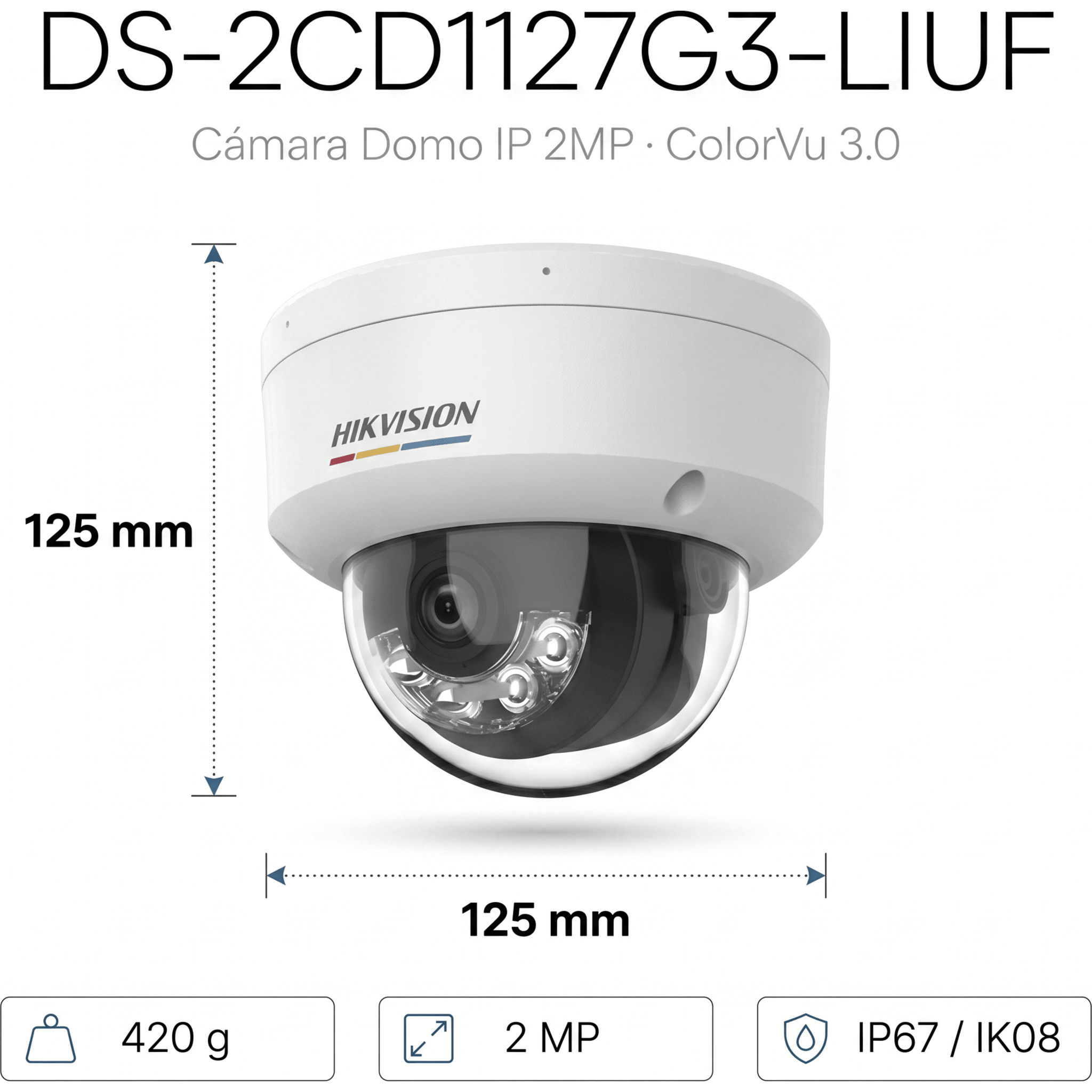 [ColorVu 3.0 + MD 3.0] Domo IP 2 Megapixel / Lente 2.8 mm / 30 mts IR + 30 mts Luz Blanca / Micrófono Integrado / Motion Detection 3.0 / Exterior IP67 / IK08 / dWDR / PoE / Micro SD 