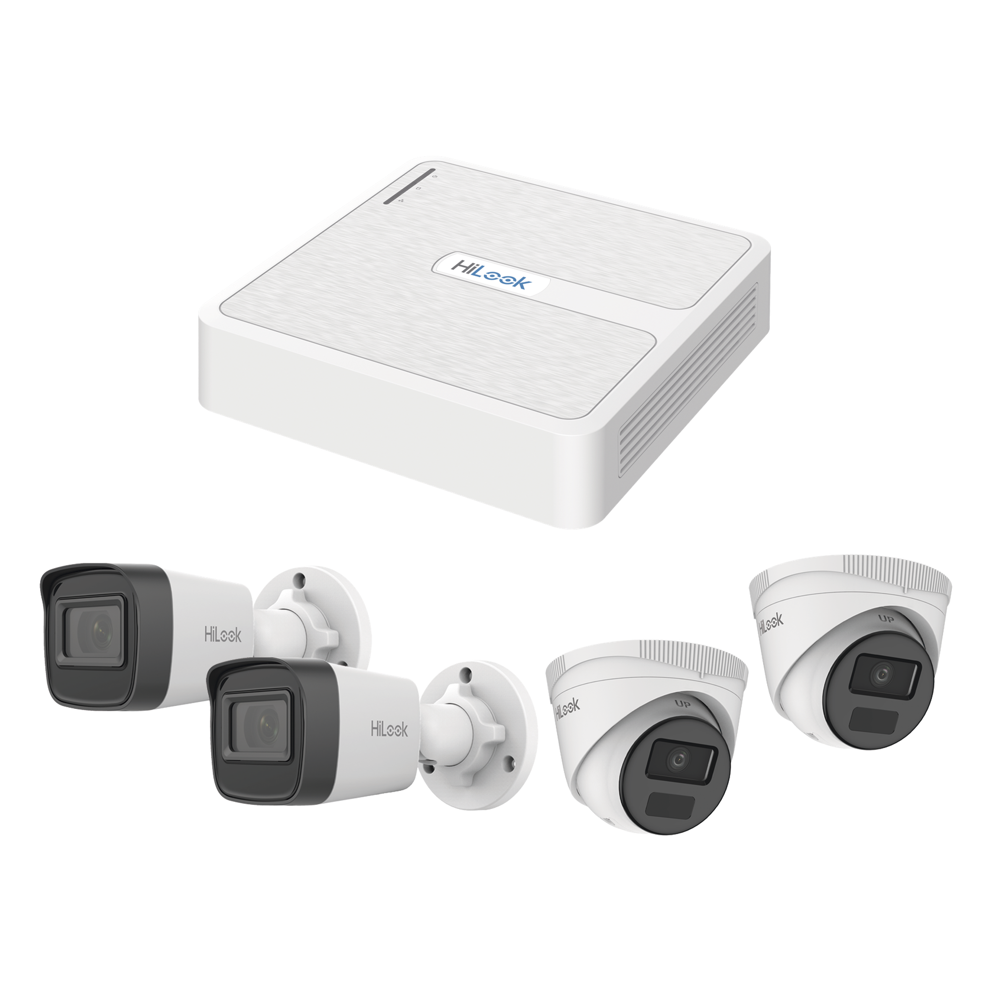 Kit IP 2 Megapixel / NVR de 8 Canales con 8 Puertos PoE / 2 Cámaras IP Bala para Exterior / 2 Cámaras IP Domo para Exterior — HiLook by HIKVISION · SKU KIPH2B2D/2MP