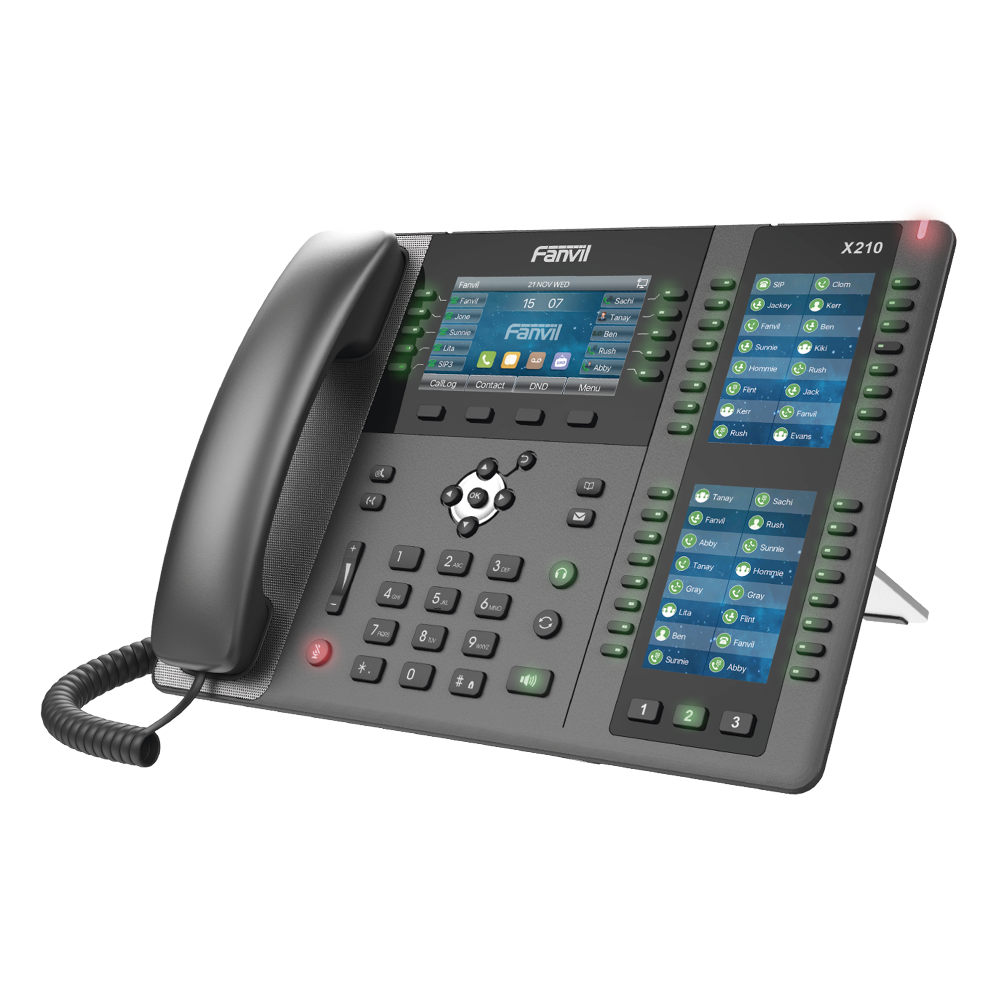 Teléfono IP ideal para recepción hasta 20 líneas SIP, PoE, 106 botones DSS, Bluetooth integrado para diademas, puertos Gigabit, soporta recepción video — FANVIL · SKU X-210