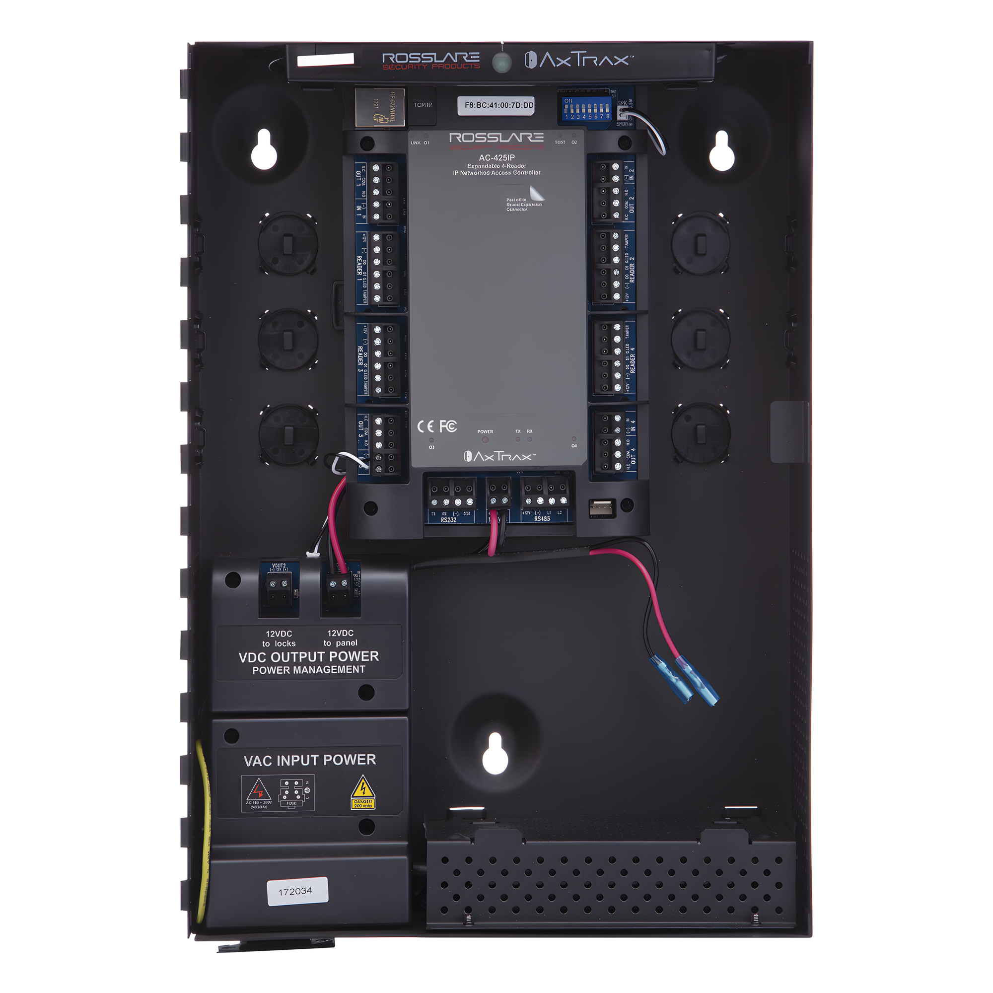 Controlador de Acceso para 4 Lectoras / Expandible a 4 Lectores Adicionales / 30,000 Tarjetas / 20,000 Eventos / Incluye Gabinete y Fuente de Alimentación / Nueva Generación! — ROSSLARE SECURITY PRODUCTS · SKU AC-425IP-BU