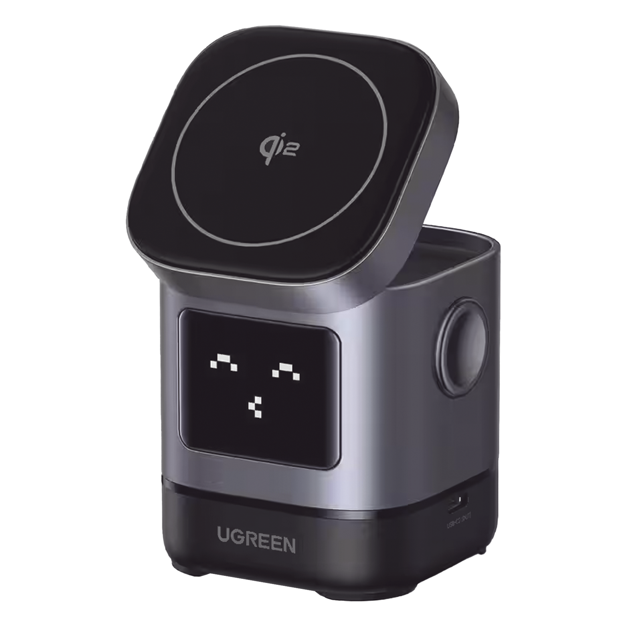 Cargador Inalámbrico Robot 2 en 1 UGREEN Qi2 / 15W Ultra Rápido para iPhone / 5W para AirPods / Pantalla Inteligente con Expresiones / Imanes N48H / Puerto USB-C 5W para Apple Watch / Compatibilidad MPP · SKU 45775