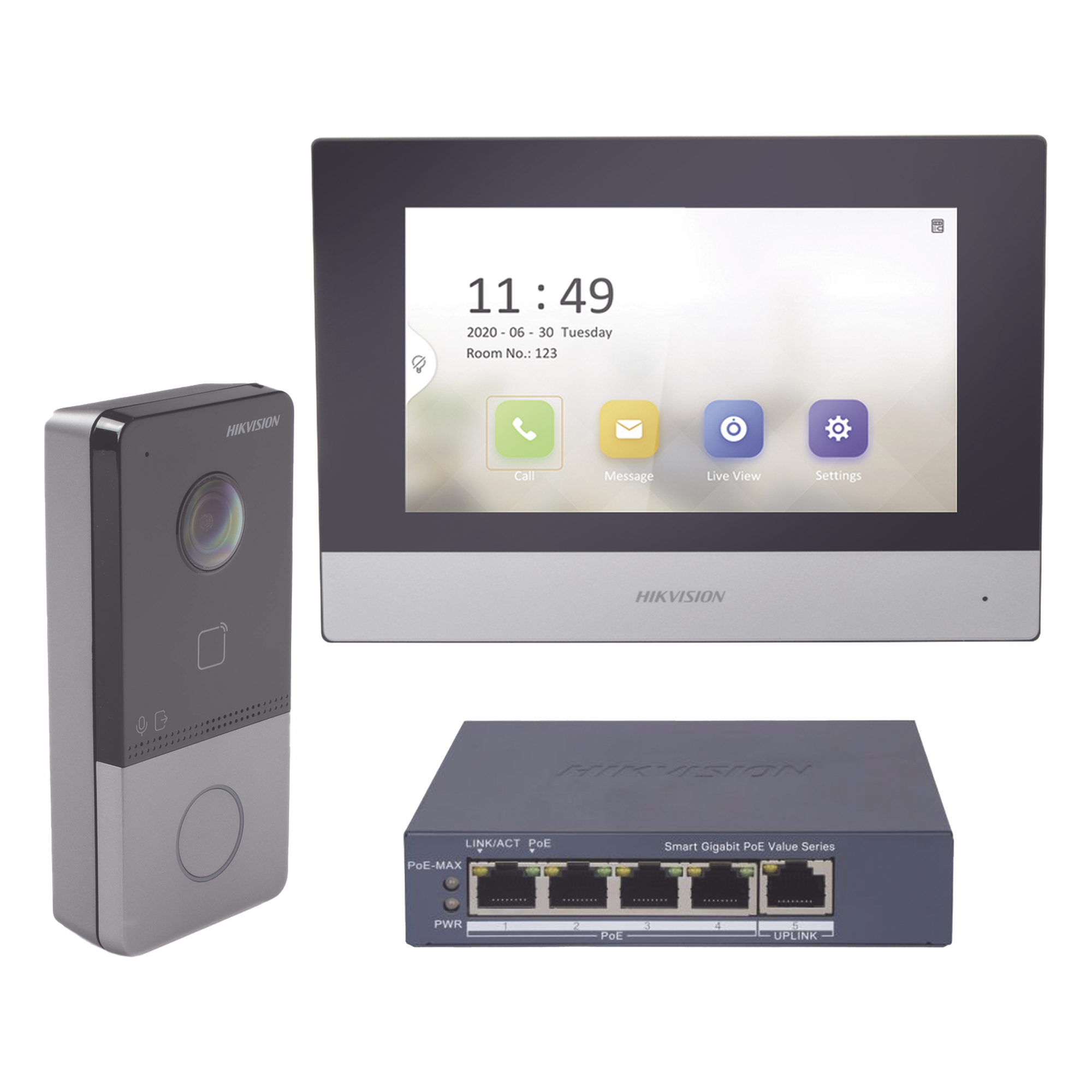 Kit de Videoportero IP + Switch Poe Poe Estandar con llamada a App de Smartphone (HikConnect) / Apertura con tarjeta MIFARE / Frente de calle IP65 / Soporta 1 Departamento — HIKVISION · SKU DS-KIS603-P/S