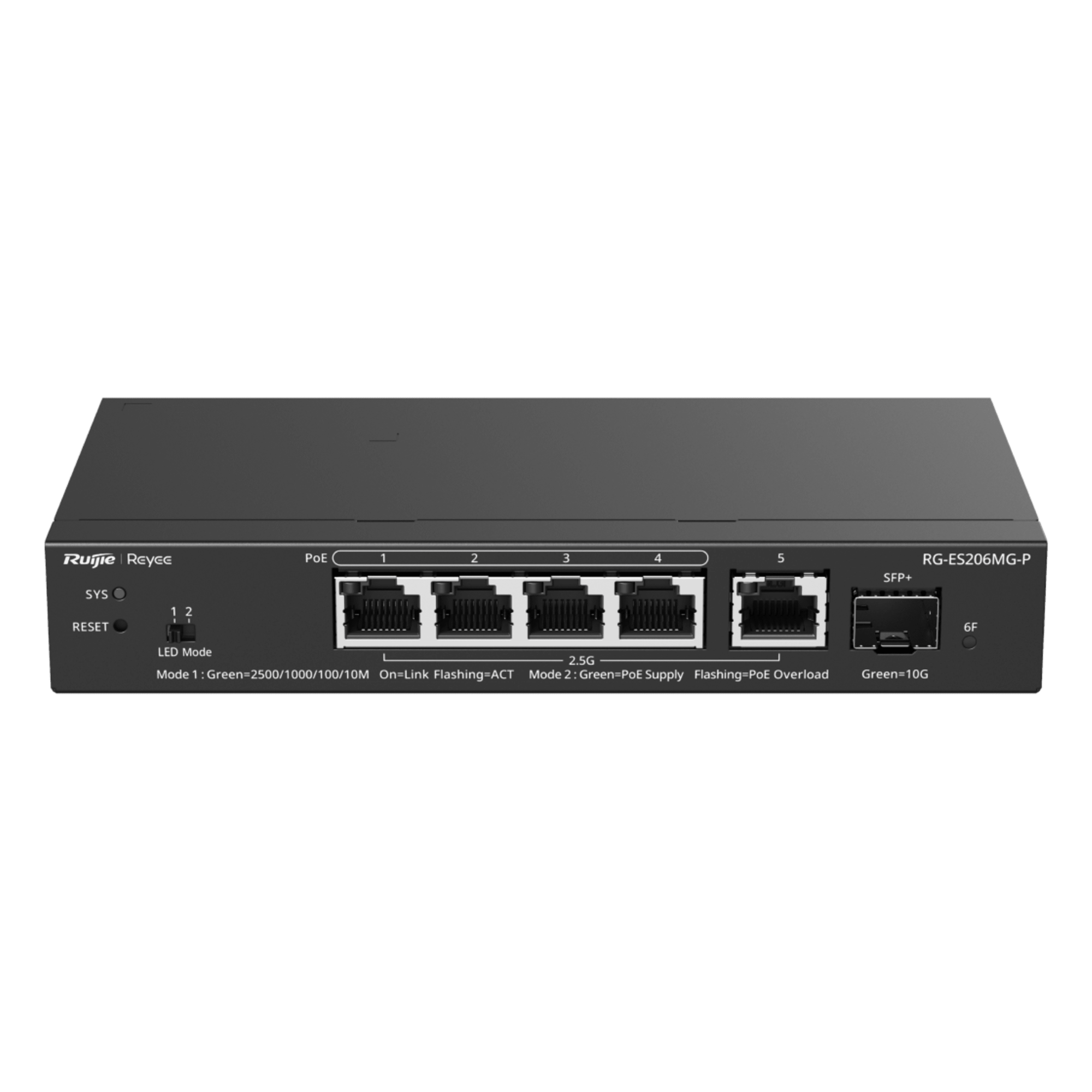 Switch Administrable Capa 2 / 5 puertos 2.5Gb / 1 puerto SFP+ 10Gb / PoE+ 70W / 45 Gbps — RUIJIE · SKU RG-ES206MG-P