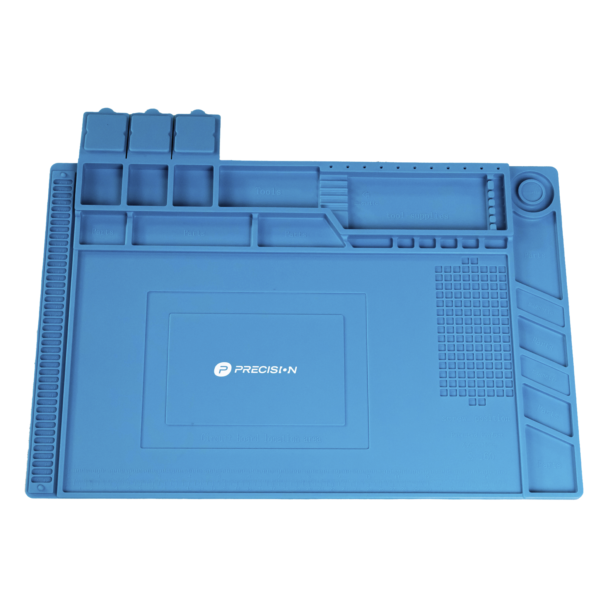 Tapete de silicona de 45 x 30 cm, resistente al calor con áreas magnéticas y de almacenamiento de componentes, ideal para la reparación de equipos y tarjetas electrónicas. — PRECISION · SKU PST-S03-001