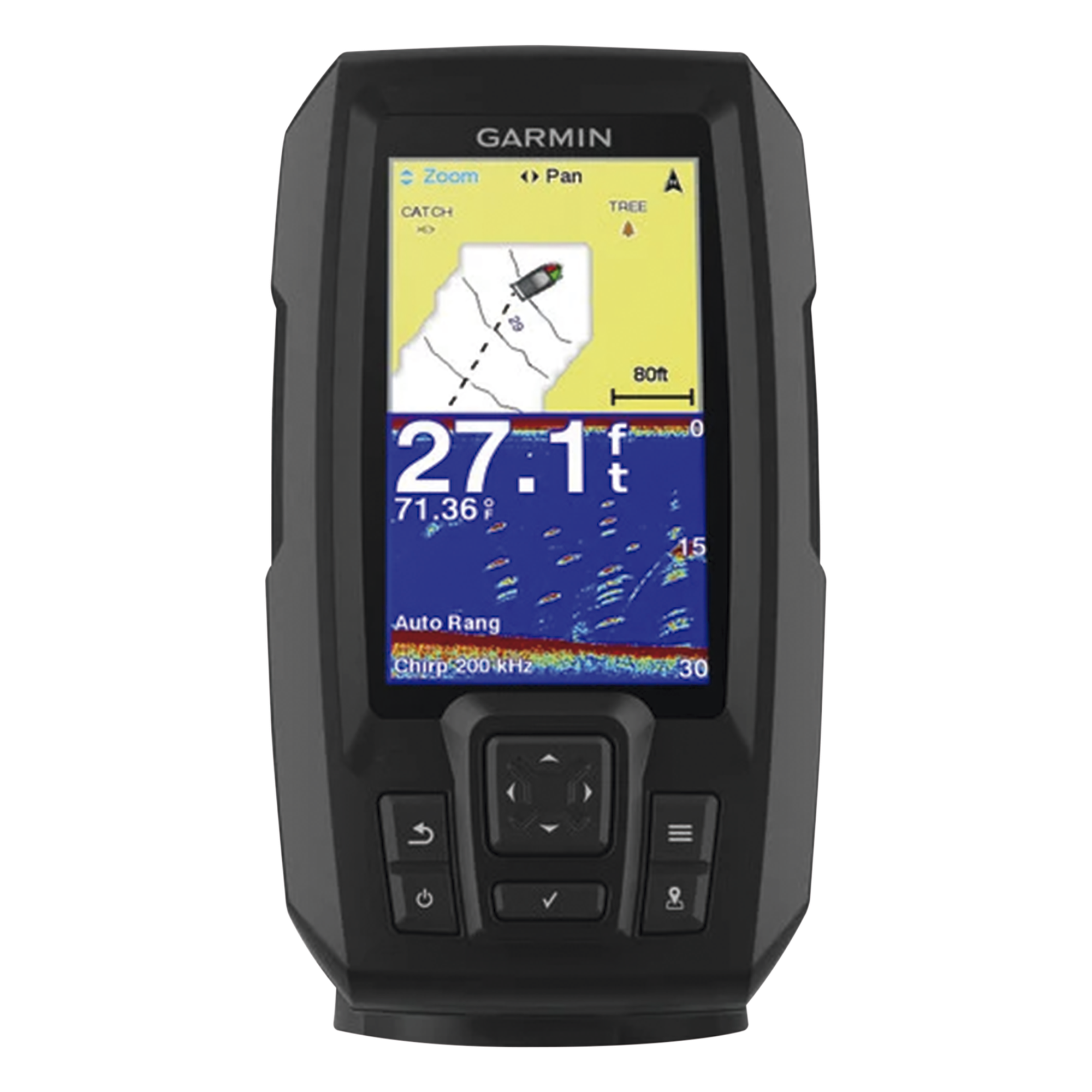 Fishfinder STRIKER™ Plus 4 con GPS Integrado / Pantalla QSVGA 272 x 480 píxeles / Frecuencias 50-200 kHz / Potencia 200 W RMS / Tecnología de Ganancia Automática / Sensor de Temperatura / Resistencia al Agua IPX7 — GARMIN · SKU 10-01870-00