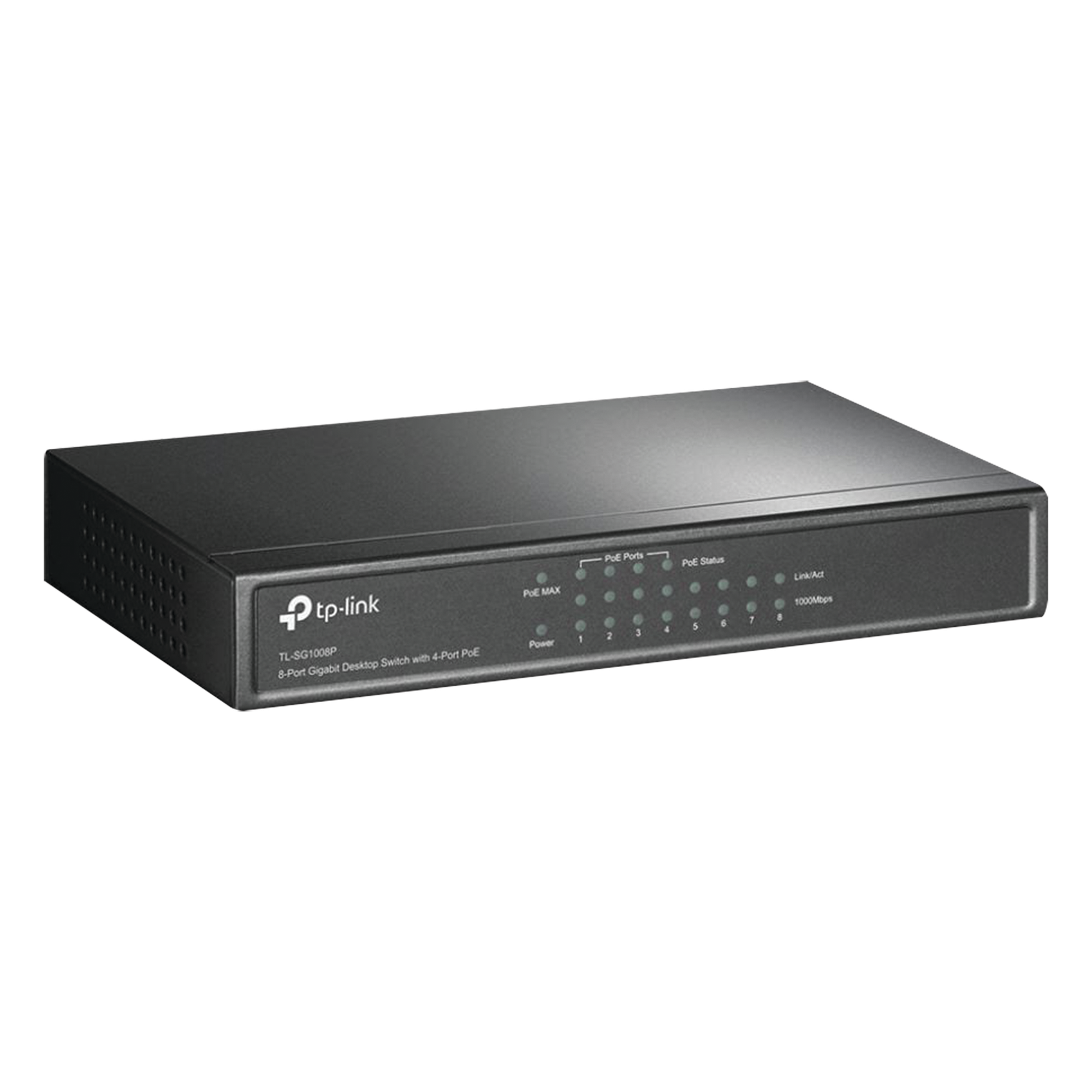 Switch PoE+ no administrable / 8 puertos Gigabit / 4 puertos PoE+ 802.3af/at / 55W total / Sin ventilador / Escritorio — TP-LINK · SKU TL-SG1008P