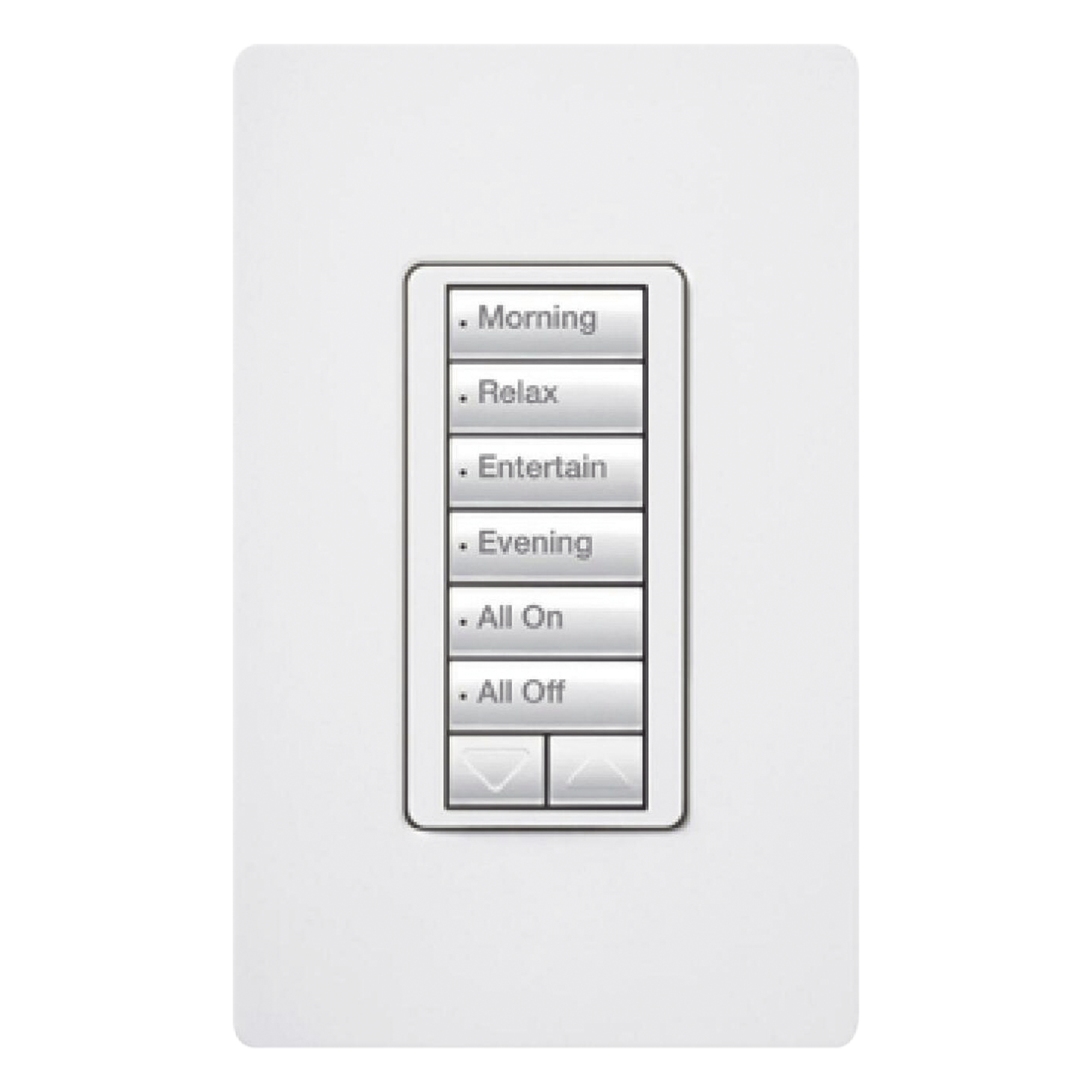Teclado híbrido C•L de 6 botones con subir/bajar y atenuador integrado de 450 W (100 W en LED/CFL), requiere neutro, para sistema RadioRA 2, color blanco — LUTRON ELECTRONICS · SKU RRDHN6BRLWH