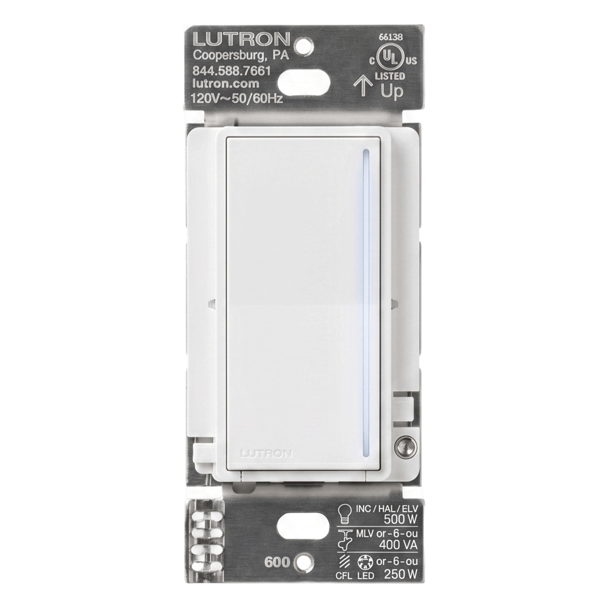 Atenuador de pared táctil Sunnata Pro LED+ con barra de luz, 250 W LED o 500 W incandescente a 120 V, requiere neutro, color blanco brillante, para sistema RadioRA 3 — LUTRON RADIORA 3 · SKU RRSTPRONWH