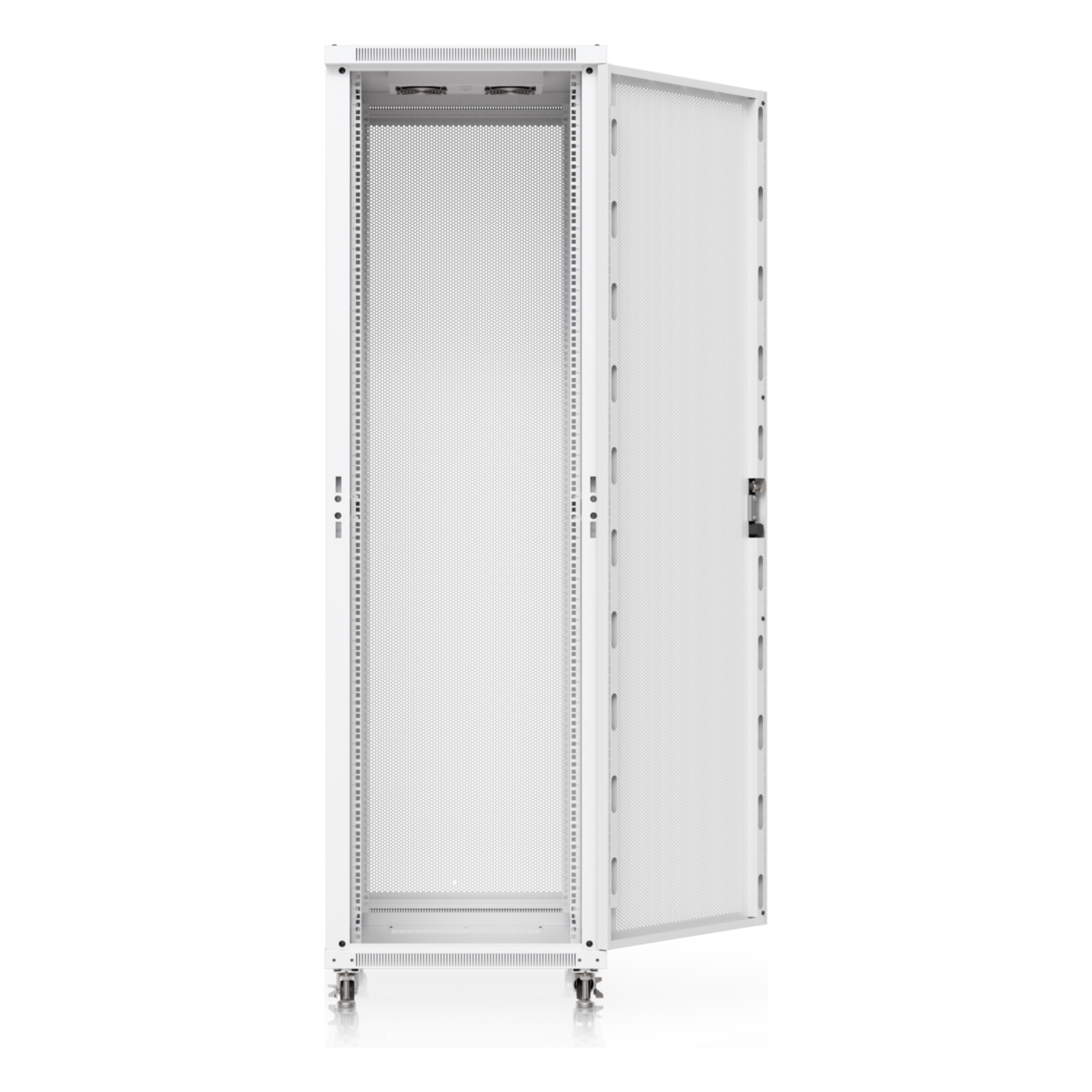 Gabinete Rack de Piso / 42U / 600 × 800 mm (23.6 x 31.5') / Carga 800 kg (1,763.7 lb) / Puerta Perforada / Ventiladores Integrados / Ruedas con Seguro