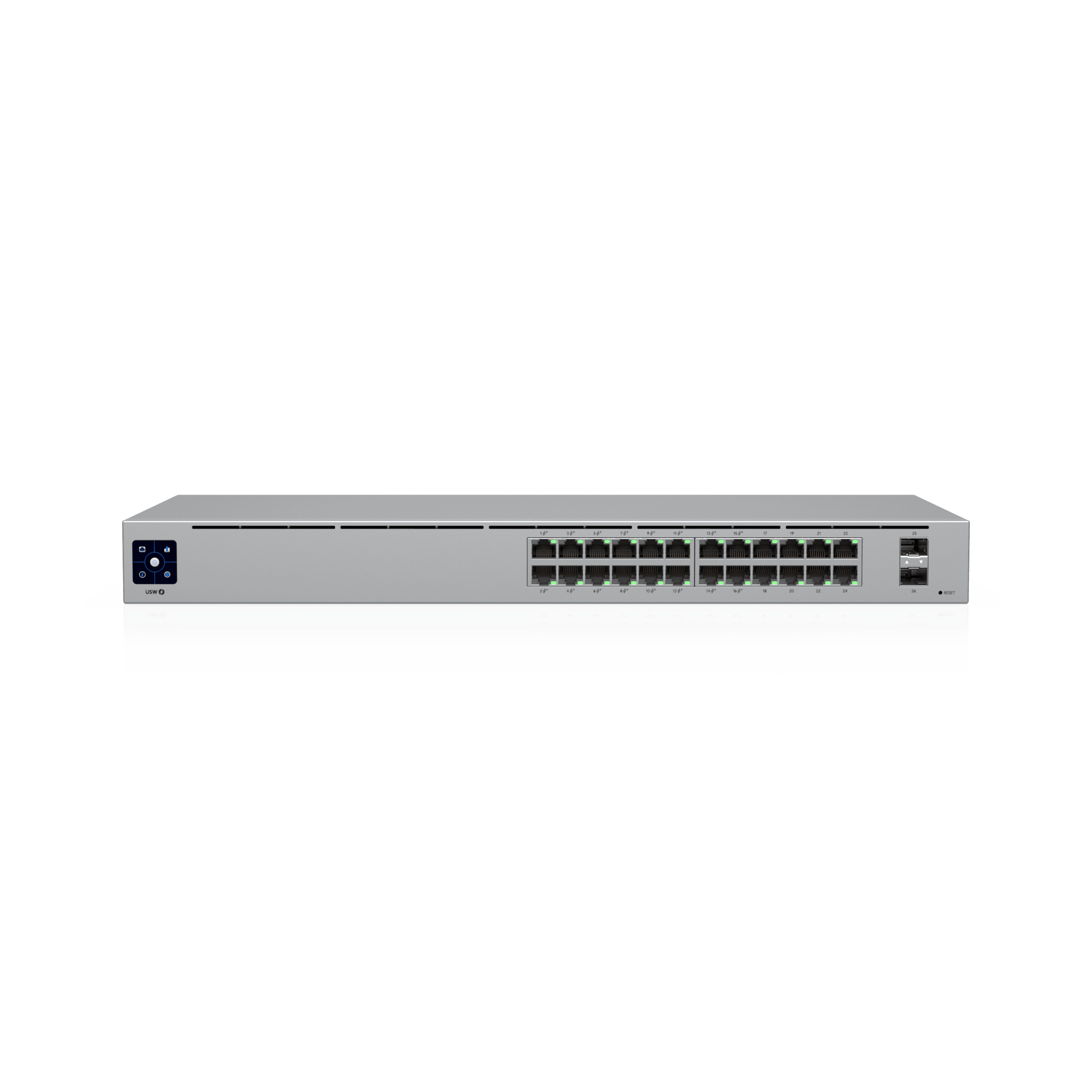 Switch UniFi Capa 2 / 24 Puertos Gigabit / 16 Puertos PoE+ 802.3af/at / 95W Total / 2 Puertos SFP 1G / Pantalla LCM / Sin Ventilador