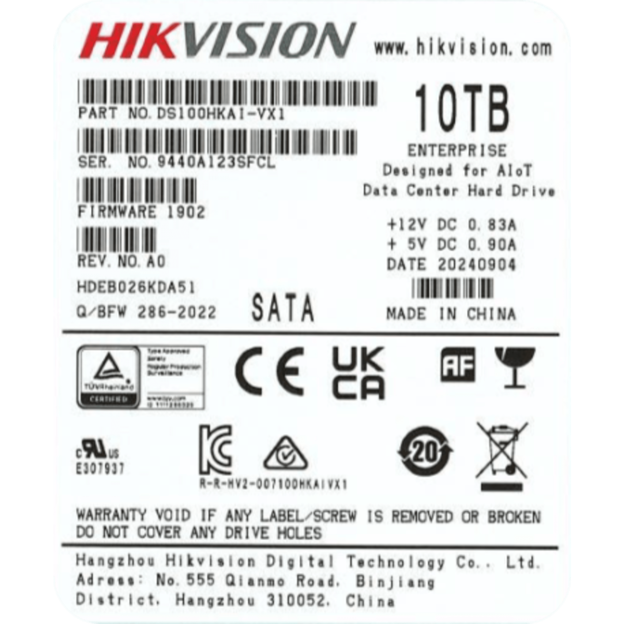 Disco Duro Enterprise / 10 TB / SATA 6 Gbit/s / 7200 rpm / Caché 256 MB / Diseñado para Operación 24/7 — HIKVISION · SKU DS100HKVS-VX1