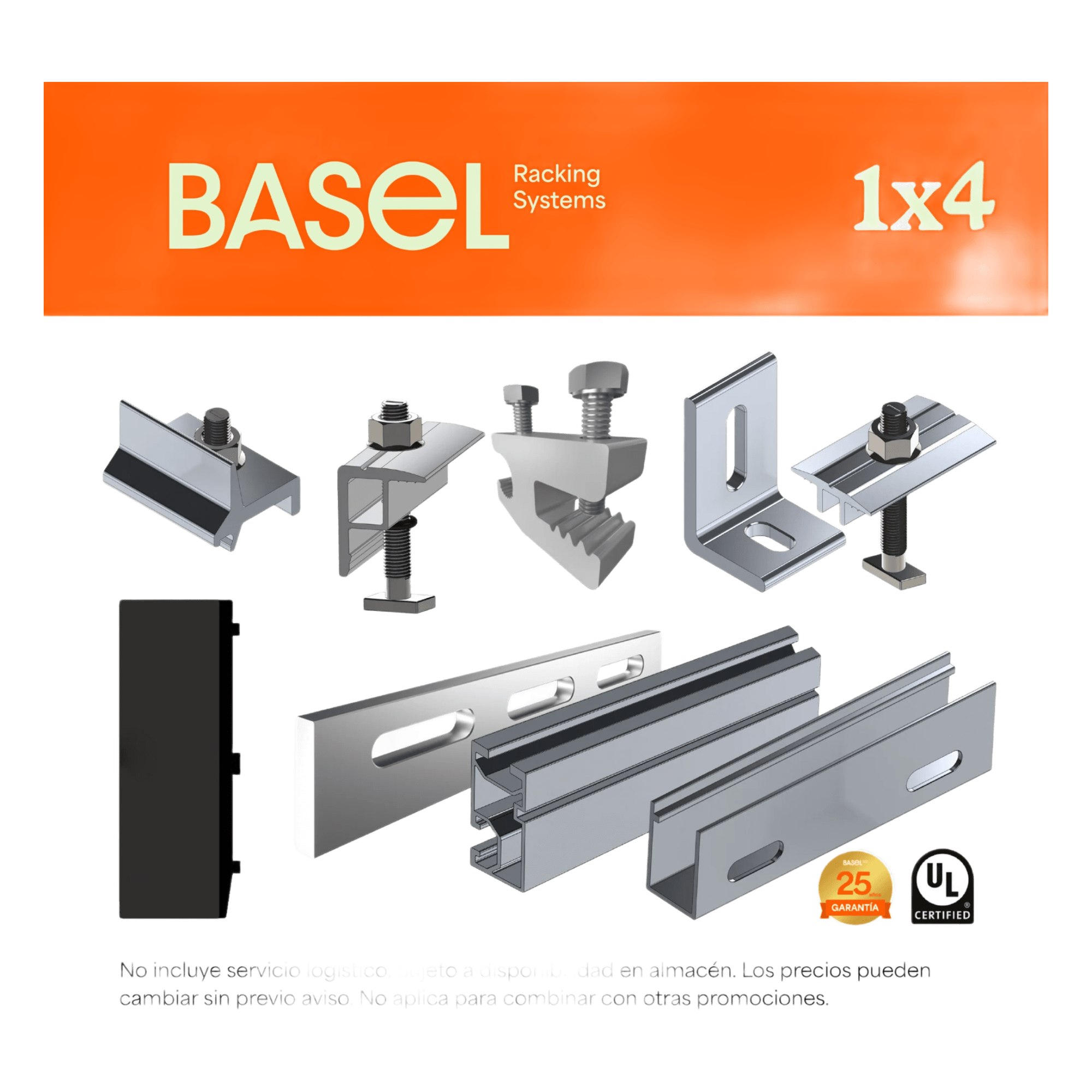 Sistema de Montaje Solar / Techo Plano / 4 Módulos / Resistencia 140 km/h / Inclinación 15° / Rieles 4.72 m (15.5 ft) — BASEL · SKU KITBASEL1X4